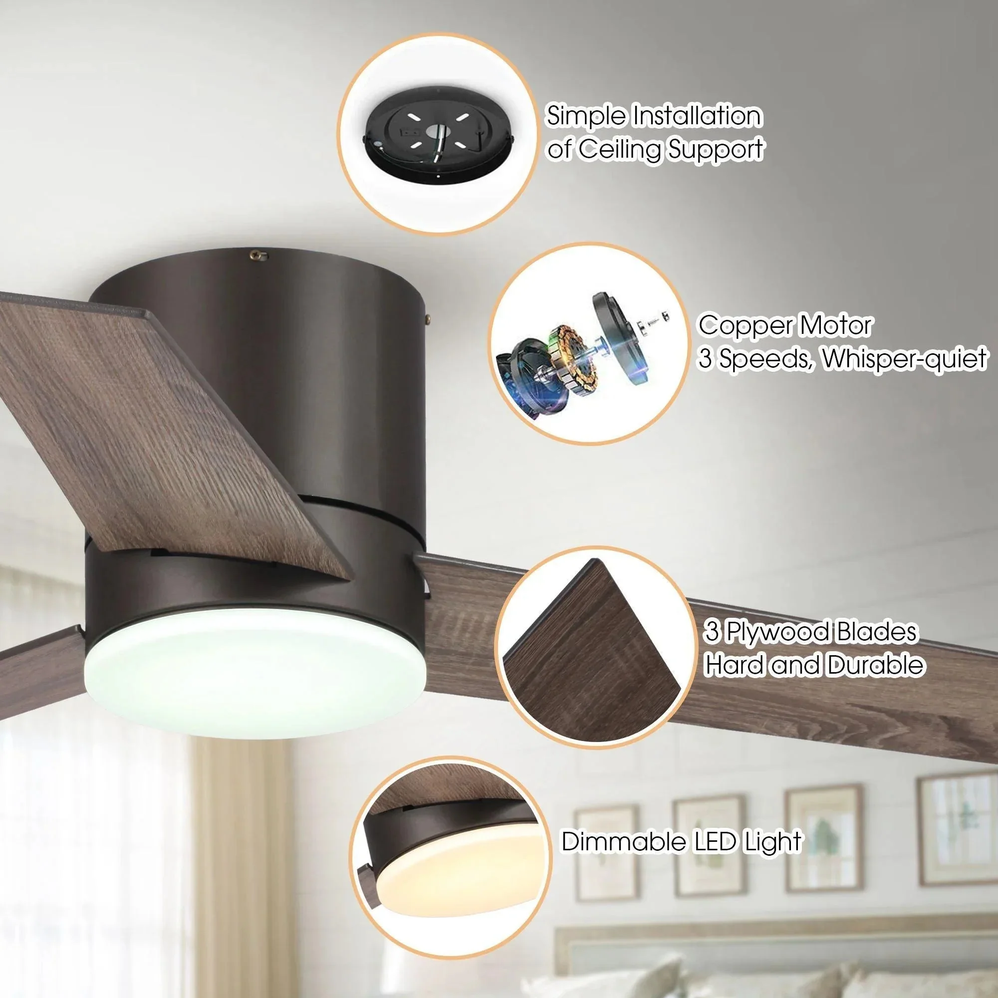 Parrot Uncle 48-Inch Kielah Farmhouse Flush Mount Reversible Ceiling Fan with Lighting and Remote Control - Image 4