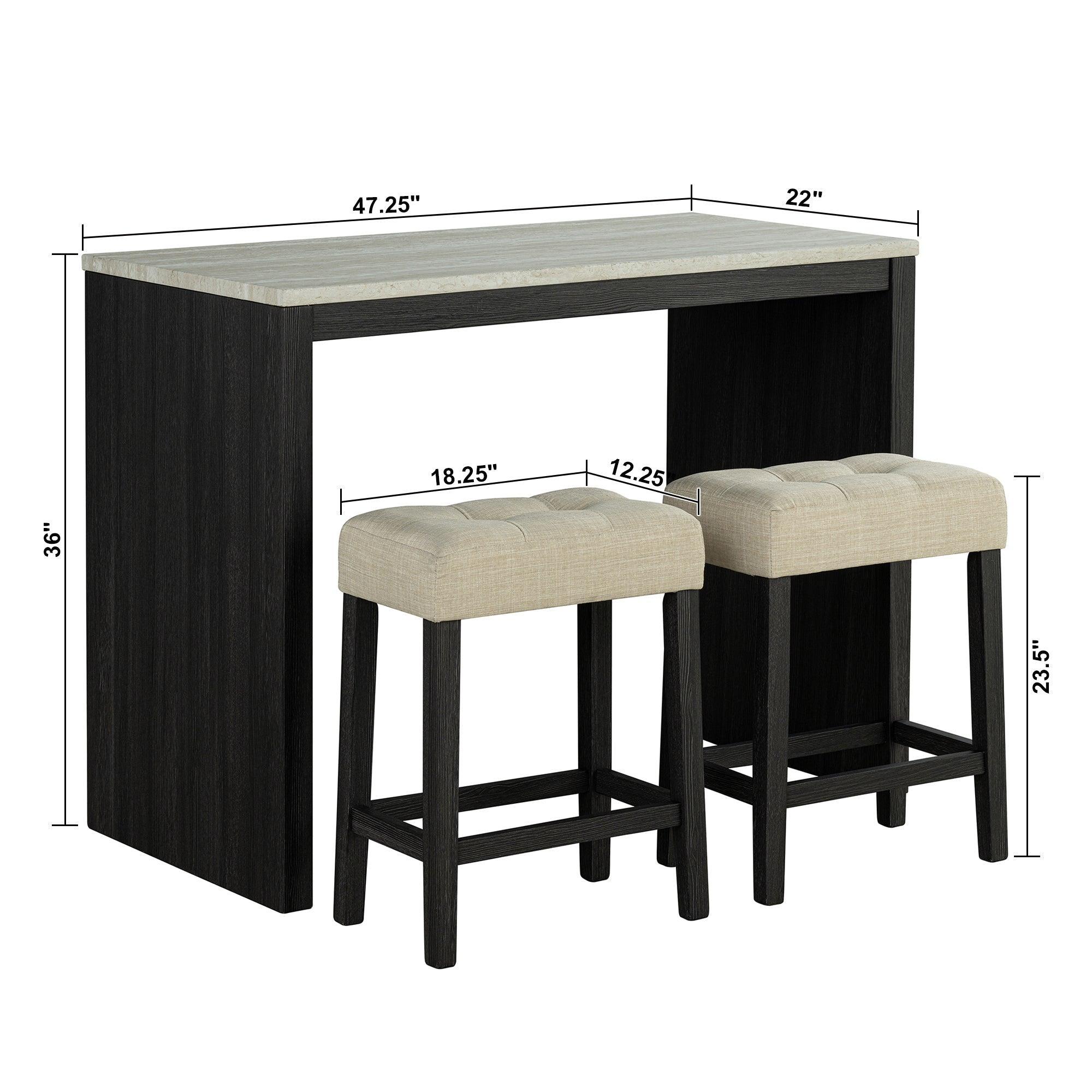 Parrot Uncle 48-Inch Modern Breakfast 1 Dining Table Set with 2 Stools for Apartment, Travertine Table Top (SL3402BK-PT-3PK-PU) - Image 14