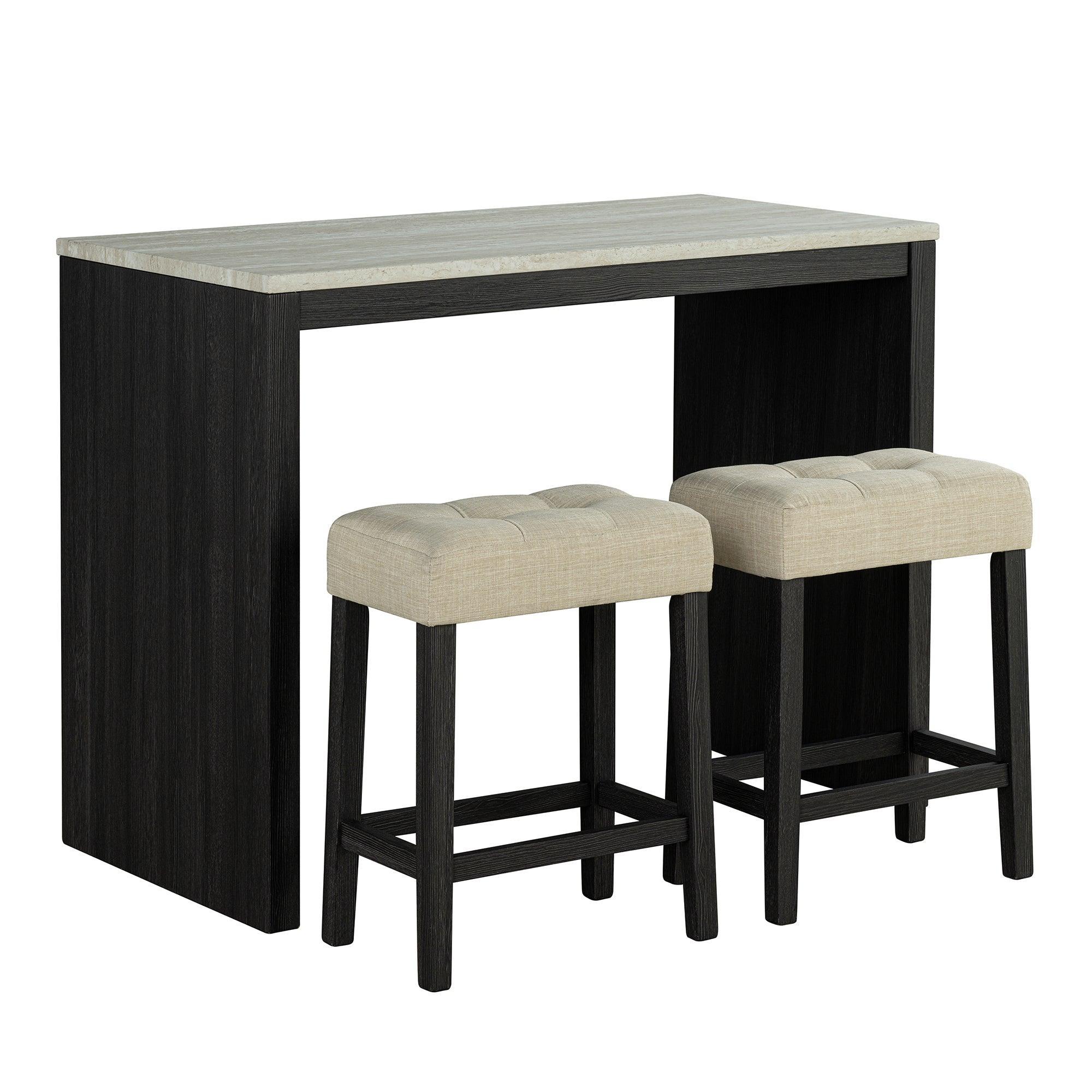 Parrot Uncle 48-Inch Modern Breakfast 1 Dining Table Set with 2 Stools for Apartment, Travertine Table Top (SL3402BK-PT-3PK-PU) - Image 2