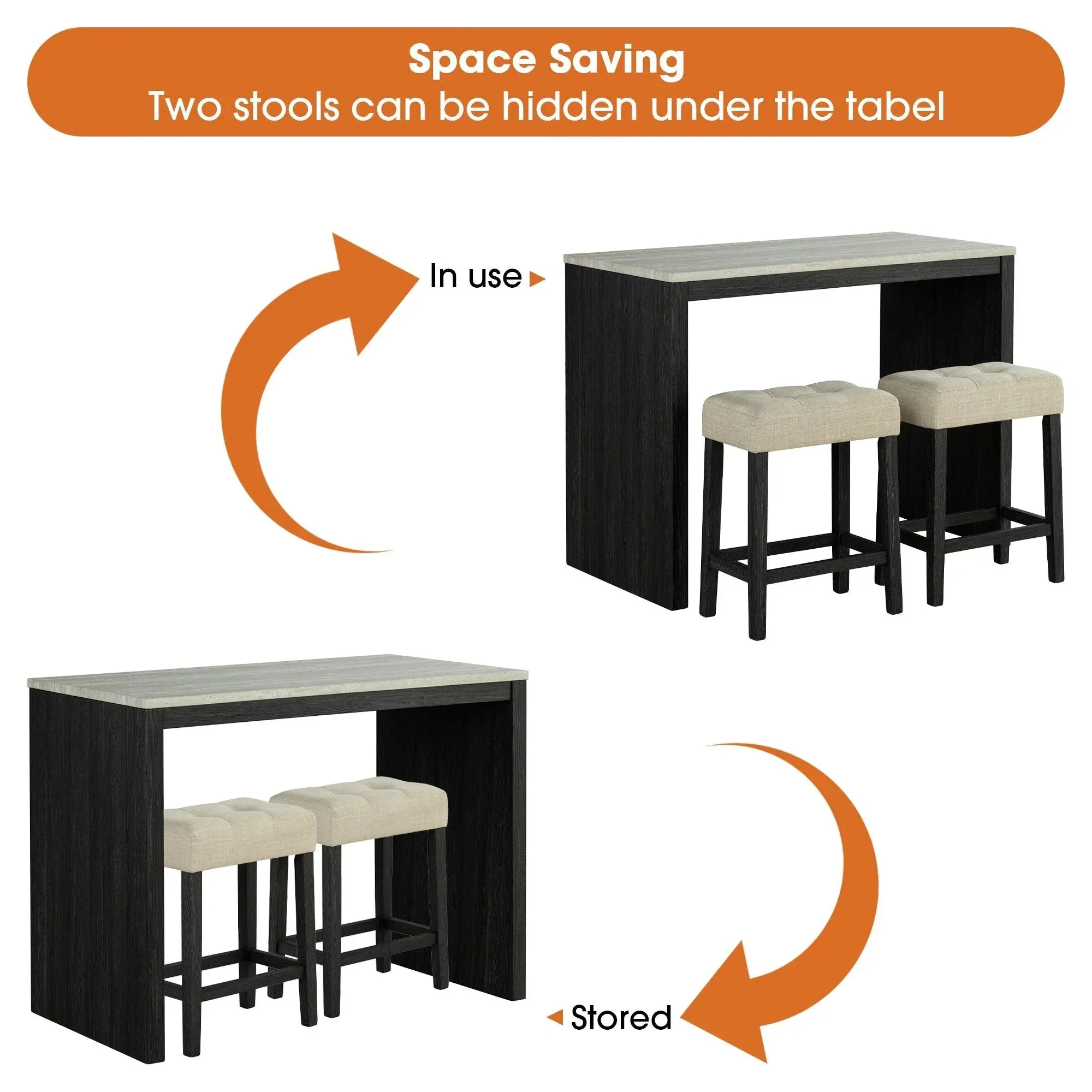 Parrot Uncle 48-Inch Modern Breakfast 1 Dining Table Set with 2 Stools for Apartment, Travertine Table Top (SL3402BK-PT-3PK-PU) - Image 3