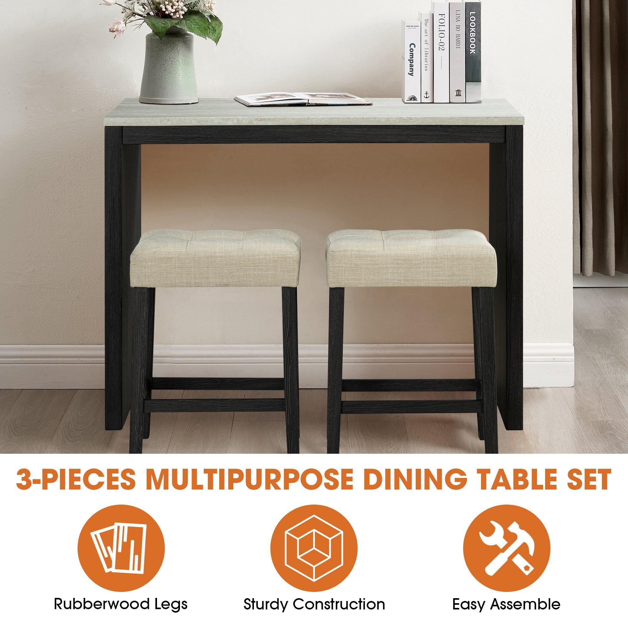 Parrot Uncle 48-Inch Modern Breakfast 1 Dining Table Set with 2 Stools for Apartment, Travertine Table Top (SL3402BK-PT-3PK-PU) - Image 6