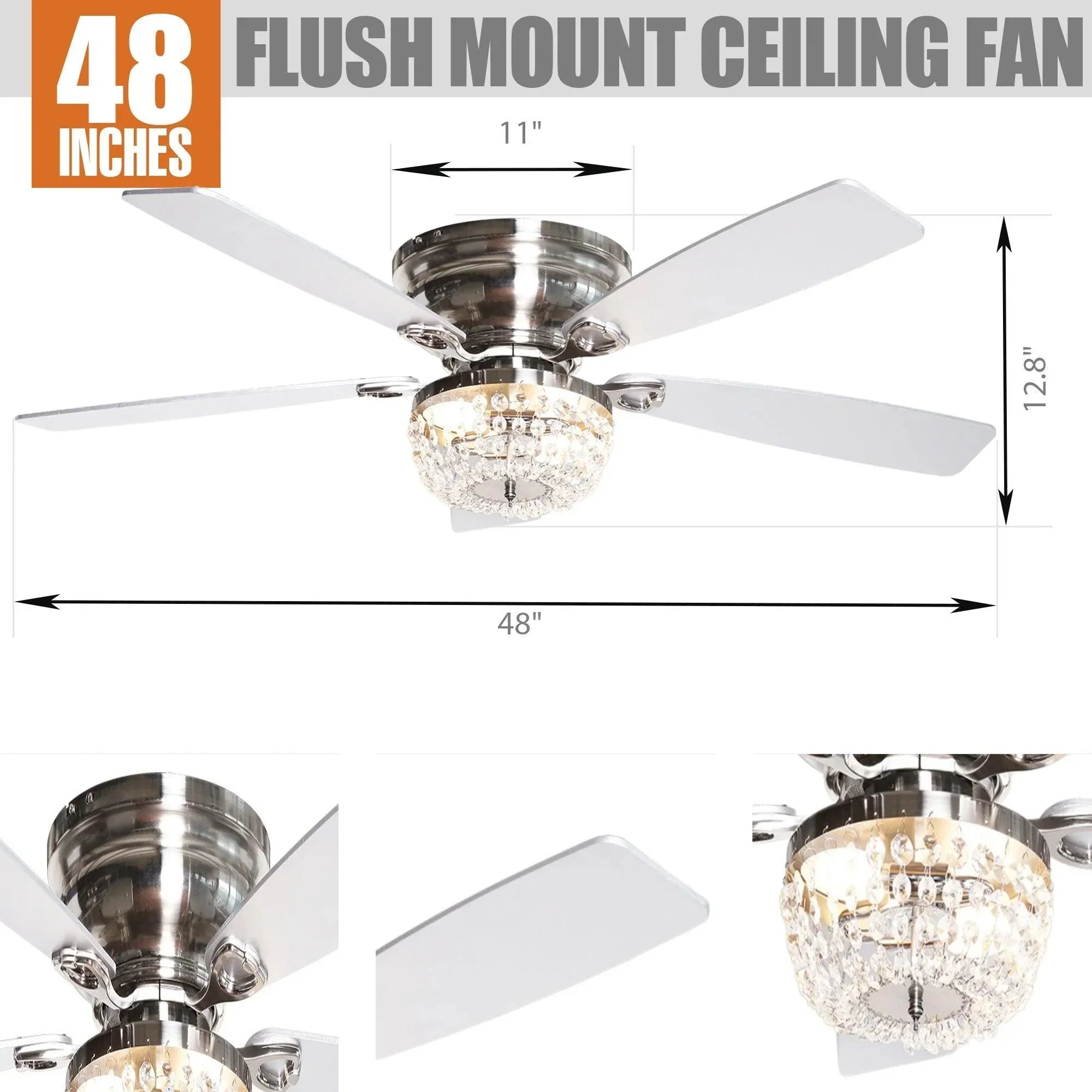 Parrot Uncle 48-Inch Modern Flush Mount Reversible Crytsal Ceiling Fan with Lighting and Remote Control - Image 10