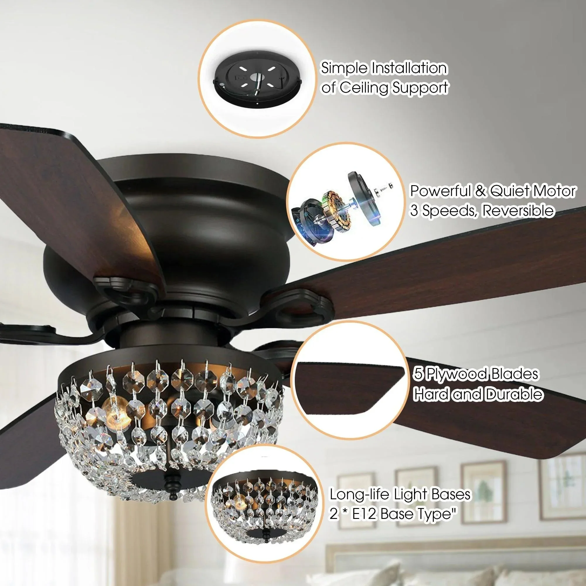 Parrot Uncle 48-Inch Modern Flush Mount Reversible Crytsal Ceiling Fan with Lighting and Remote Control - Image 20