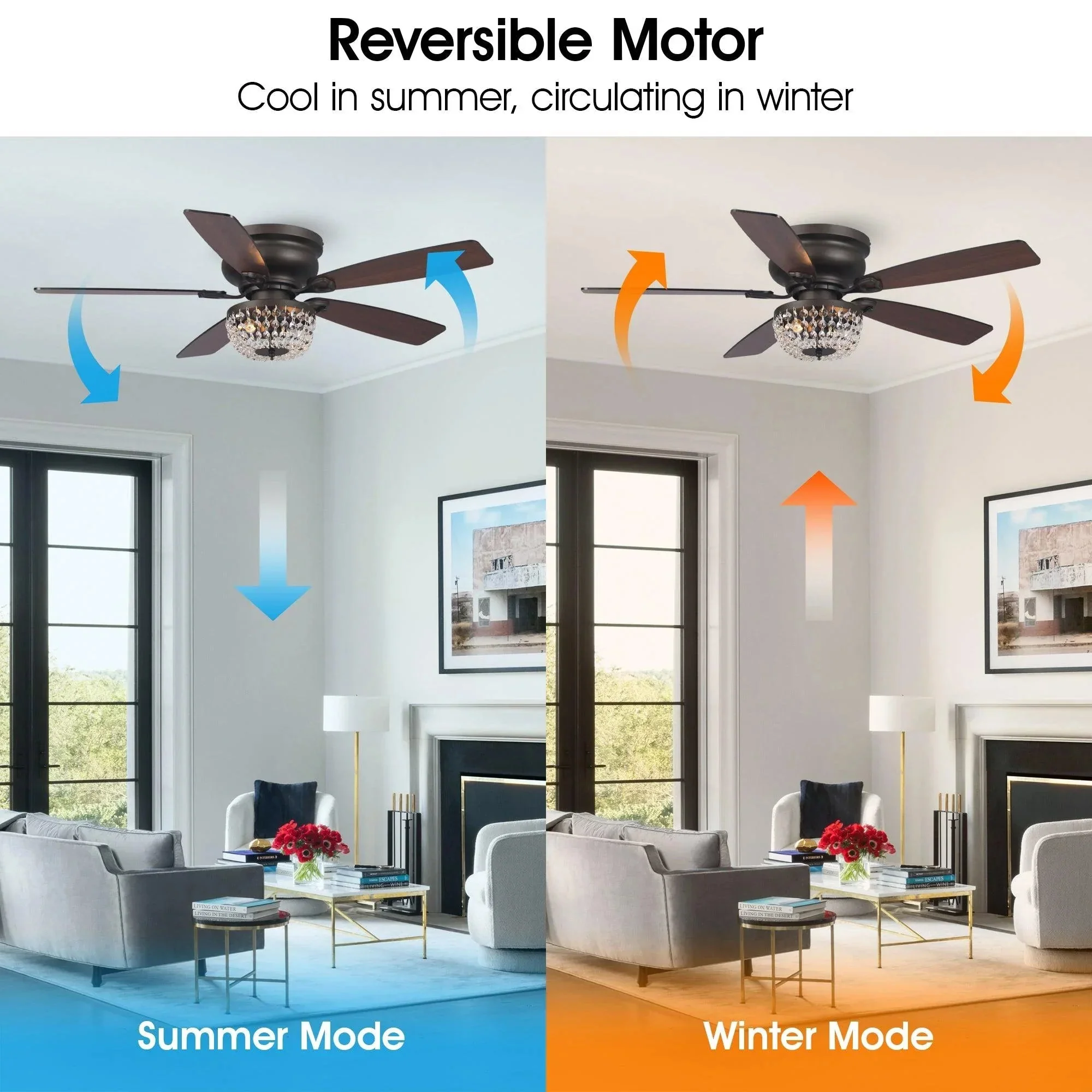 Parrot Uncle 48-Inch Modern Flush Mount Reversible Crytsal Ceiling Fan with Lighting and Remote Control - Image 21
