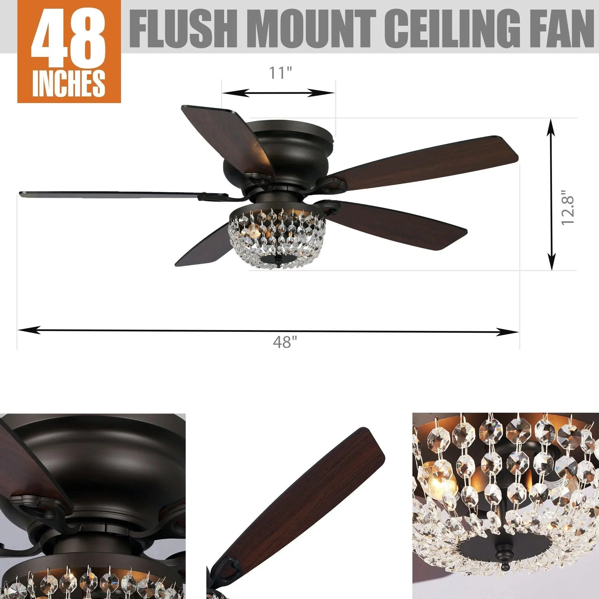Parrot Uncle 48-Inch Modern Flush Mount Reversible Crytsal Ceiling Fan with Lighting and Remote Control - Image 23