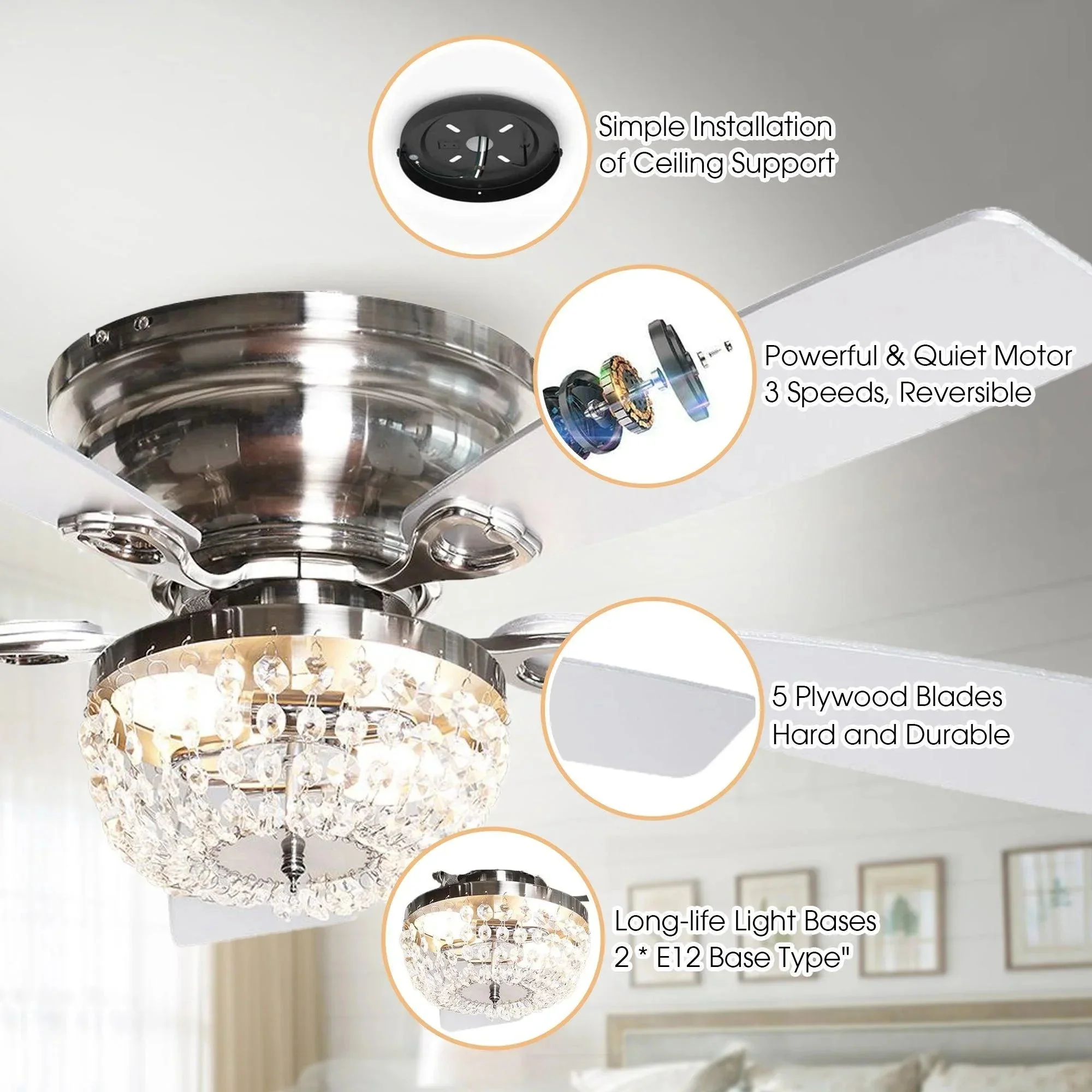 Parrot Uncle 48-Inch Modern Flush Mount Reversible Crytsal Ceiling Fan with Lighting and Remote Control - Image 8