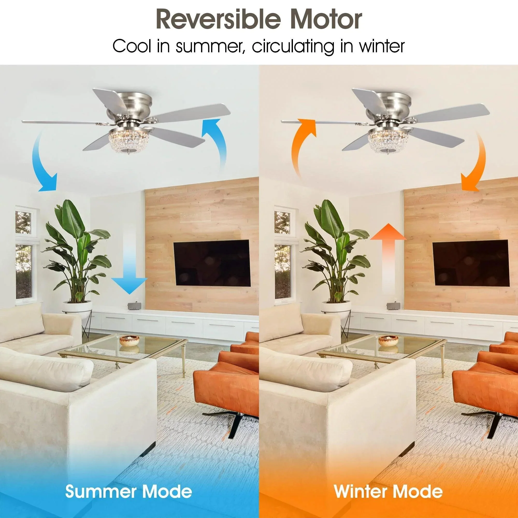 Parrot Uncle 48-Inch Modern Flush Mount Reversible Crytsal Ceiling Fan with Lighting and Remote Control - Image 9