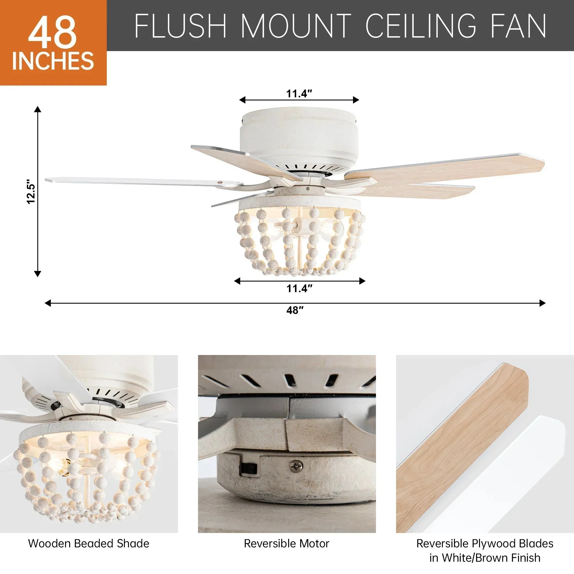 Parrot Uncle 48-Inch New Delhi Farmhouse Flush Mount Reversible Ceiling Fan with Lighting and Remote Control (F6355110V) - Image 9