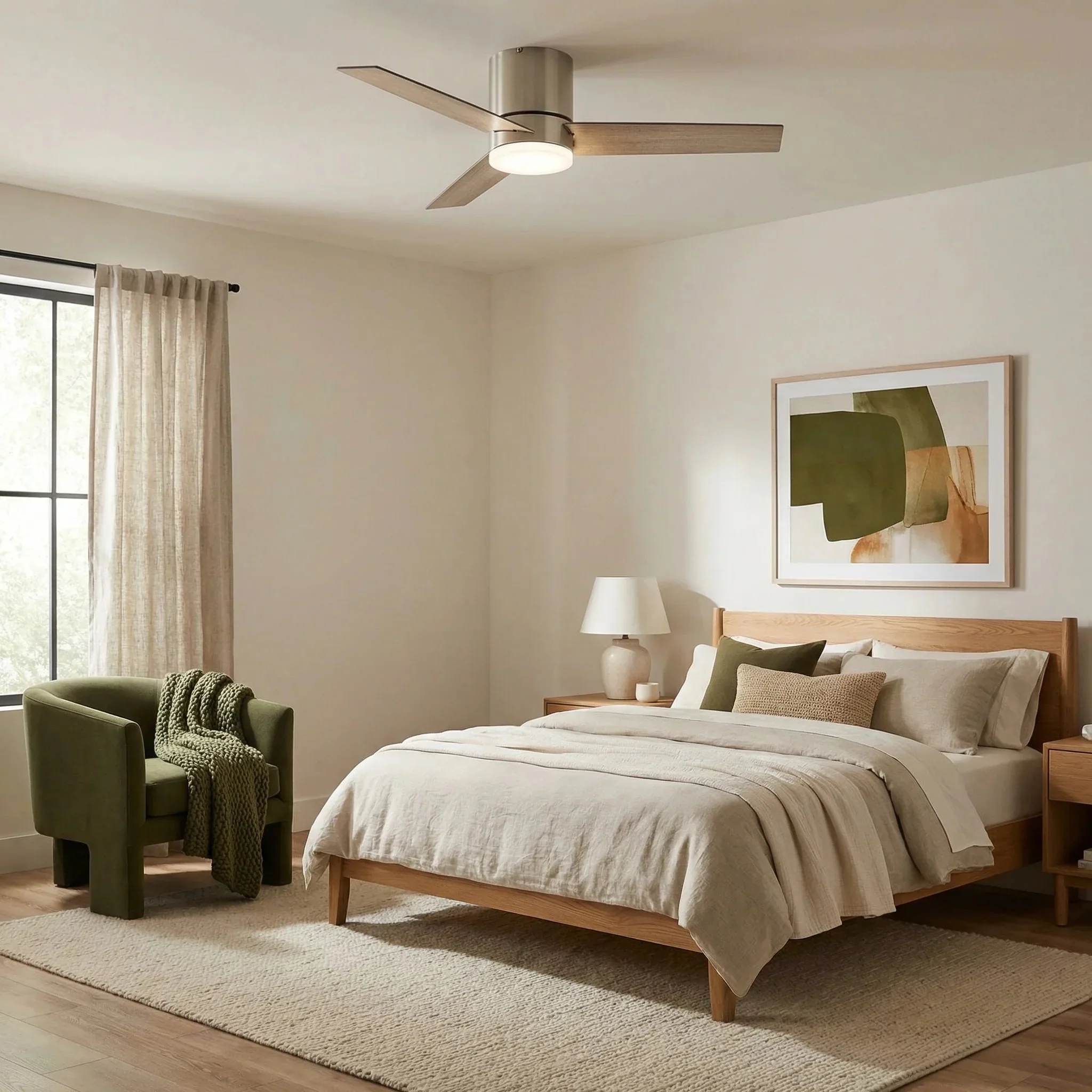 Parrot Uncle 48-Inch Satin Nickel Flush Mount Low Profile Ceiling Fan with LED Lighting (F6298SNQ110V) - Image 2