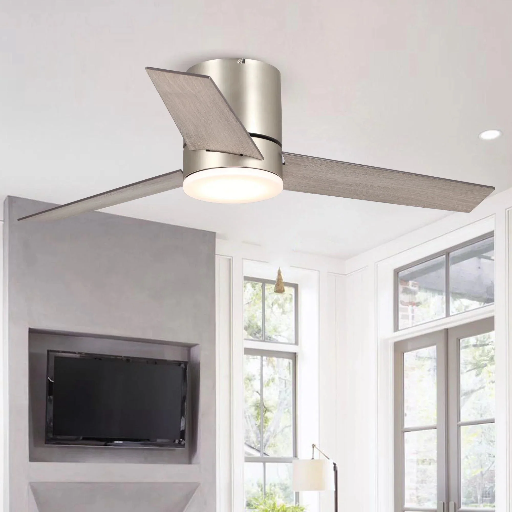 Parrot Uncle 48-Inch Satin Nickel Flush Mount Low Profile Ceiling Fan with LED Lighting (F6298SNQ110V) - Image 3