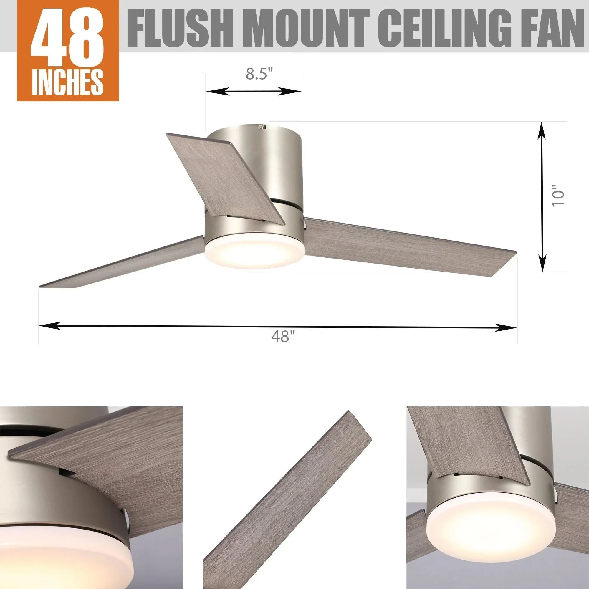 Parrot Uncle 48-Inch Satin Nickel Flush Mount Low Profile Ceiling Fan with LED Lighting (F6298SNQ110V) - Image 8