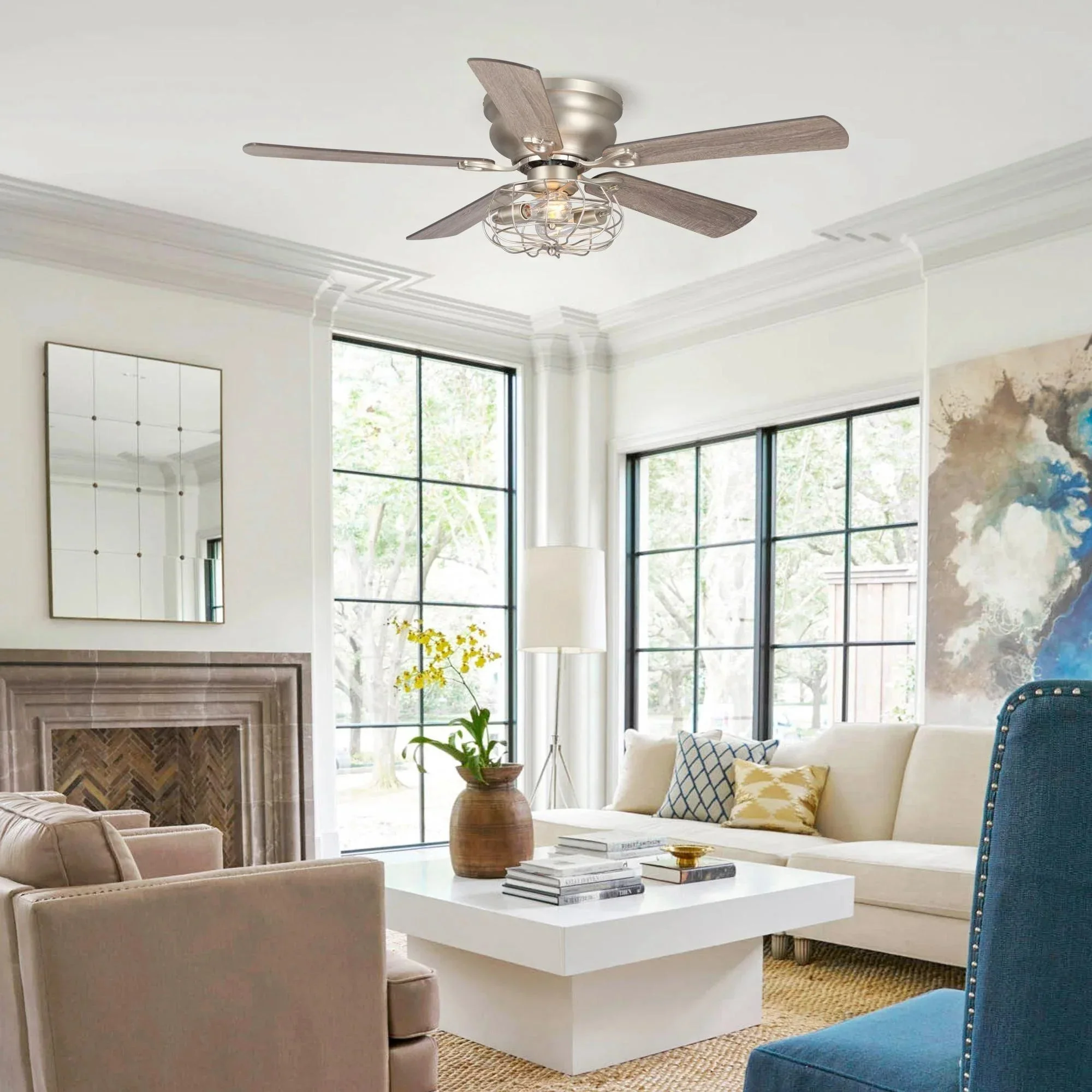 Parrot Uncle 48-Inch Thurber Industrial Satin Nickel Flush Mount Reversible Ceiling Fan with Lighting and Remote Control (F6310Q110V) - Image 2