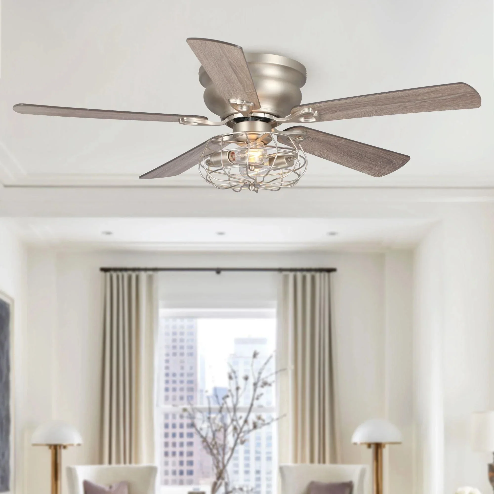 Parrot Uncle 48-Inch Thurber Industrial Satin Nickel Flush Mount Reversible Ceiling Fan with Lighting and Remote Control (F6310Q110V) - Image 4