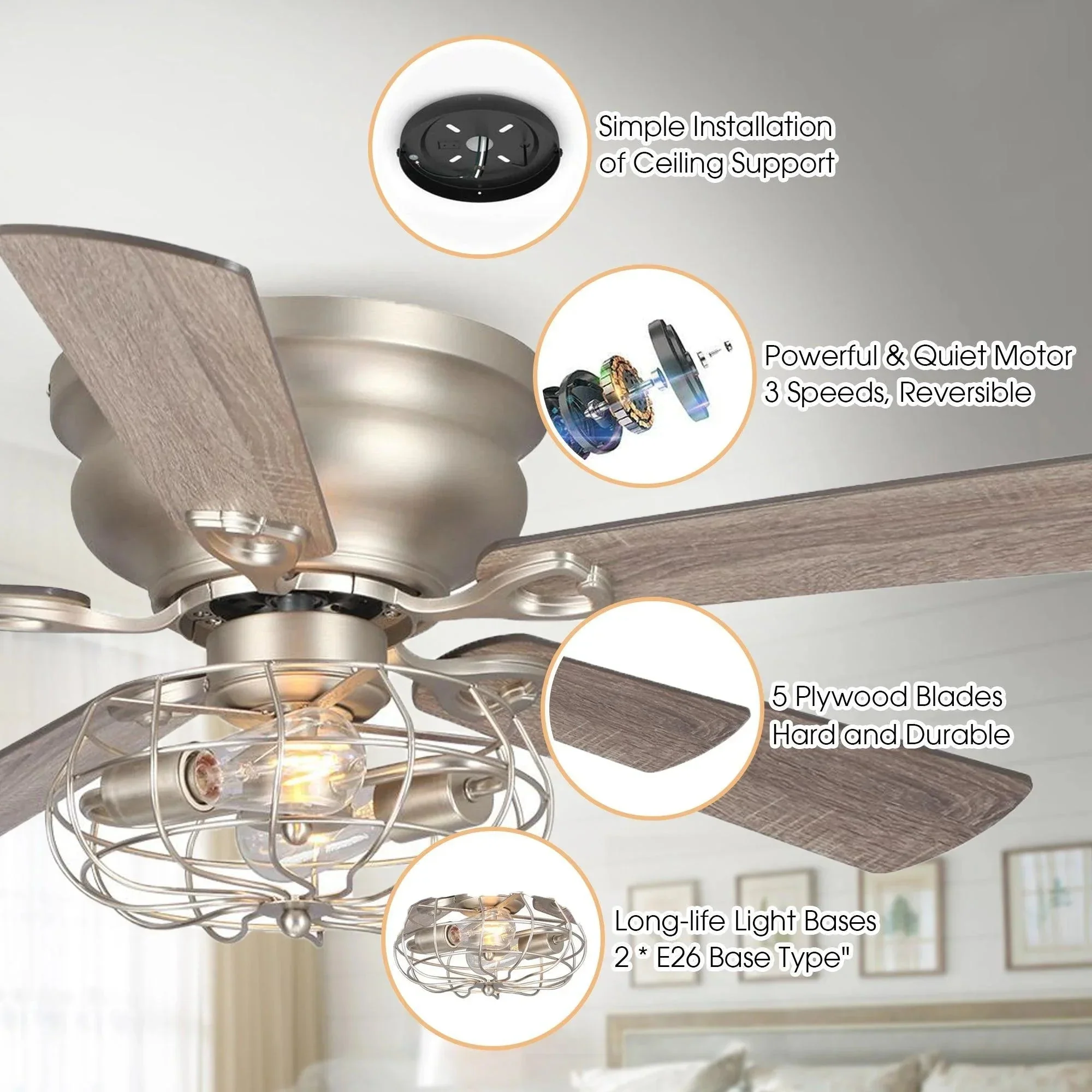Parrot Uncle 48-Inch Thurber Industrial Satin Nickel Flush Mount Reversible Ceiling Fan with Lighting and Remote Control (F6310Q110V) - Image 6