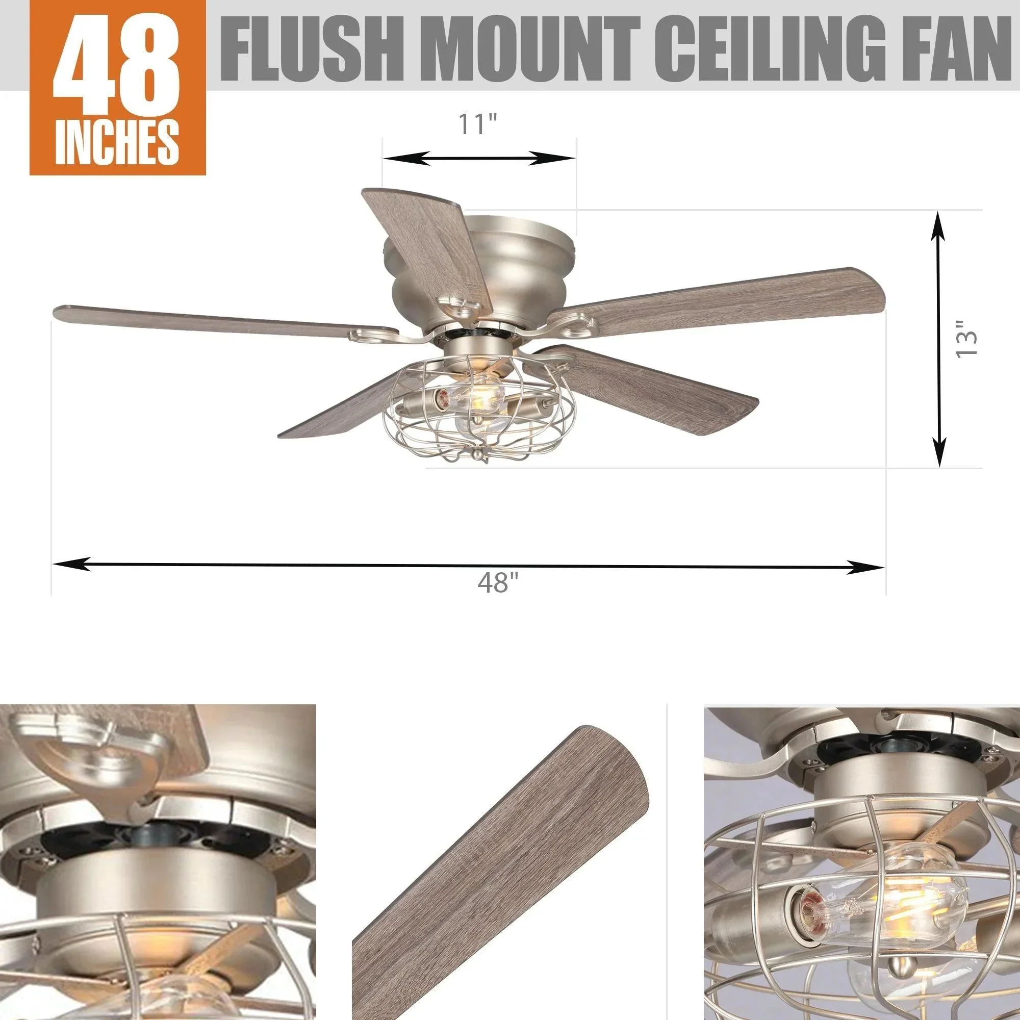 Parrot Uncle 48-Inch Thurber Industrial Satin Nickel Flush Mount Reversible Ceiling Fan with Lighting and Remote Control (F6310Q110V) - Image 9