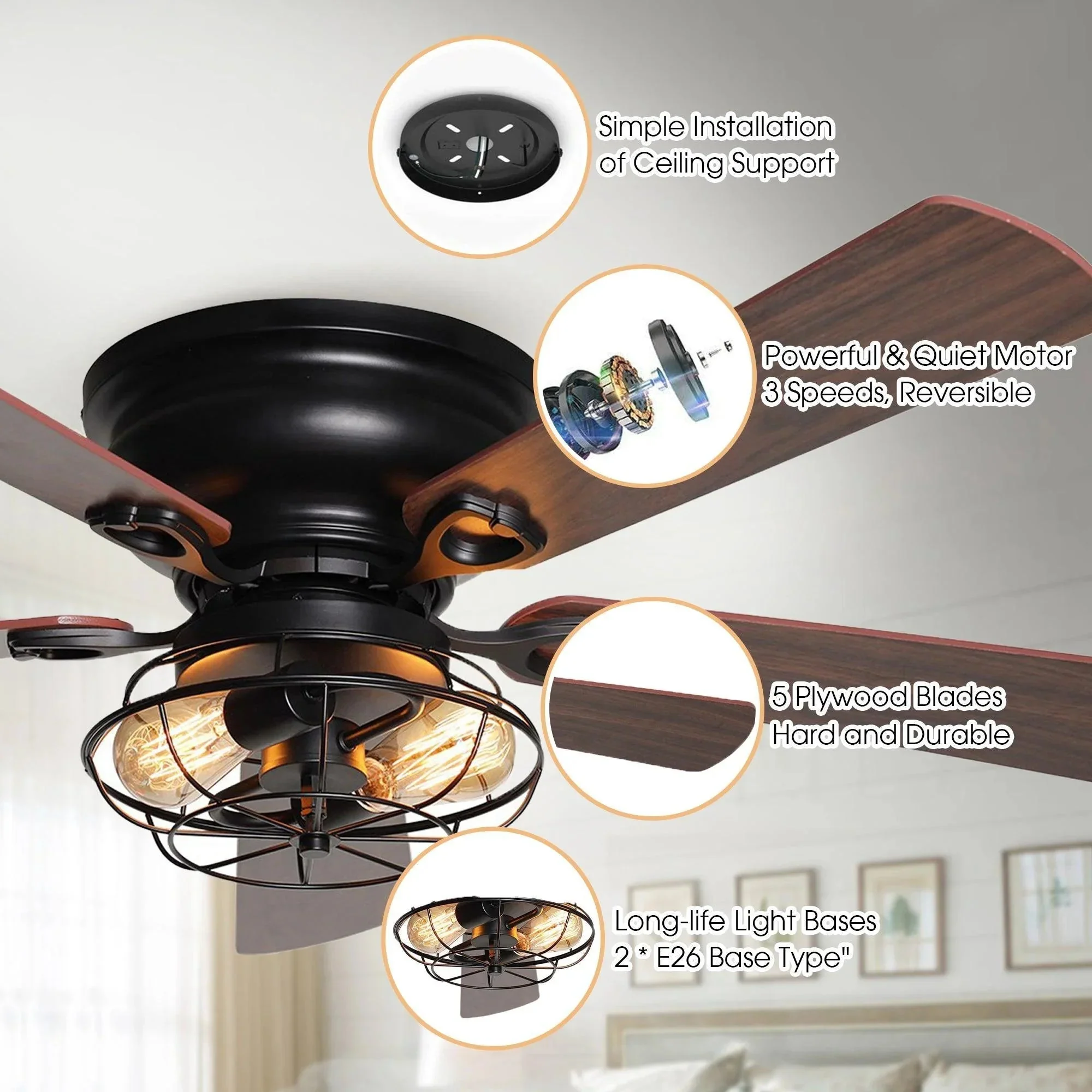 Parrot Uncle 48-Inch Ummuhan Industrial Flush Mount Ceiling Fan with Lighting - Image 5