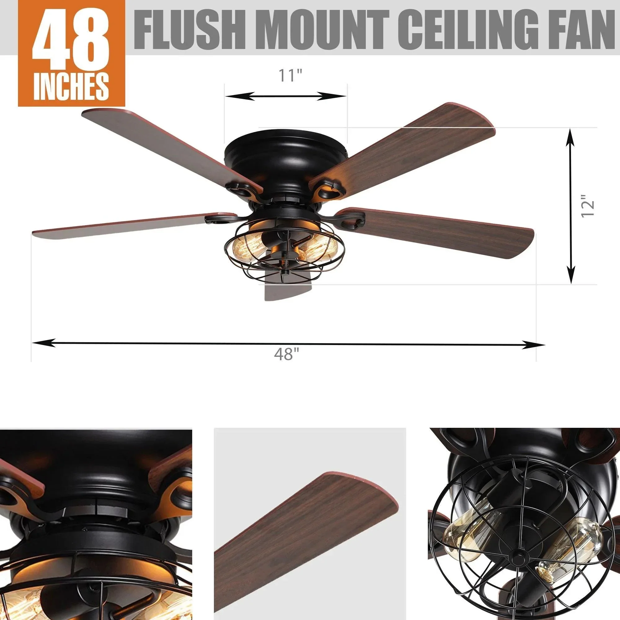 Parrot Uncle 48-Inch Ummuhan Industrial Flush Mount Ceiling Fan with Lighting - Image 8
