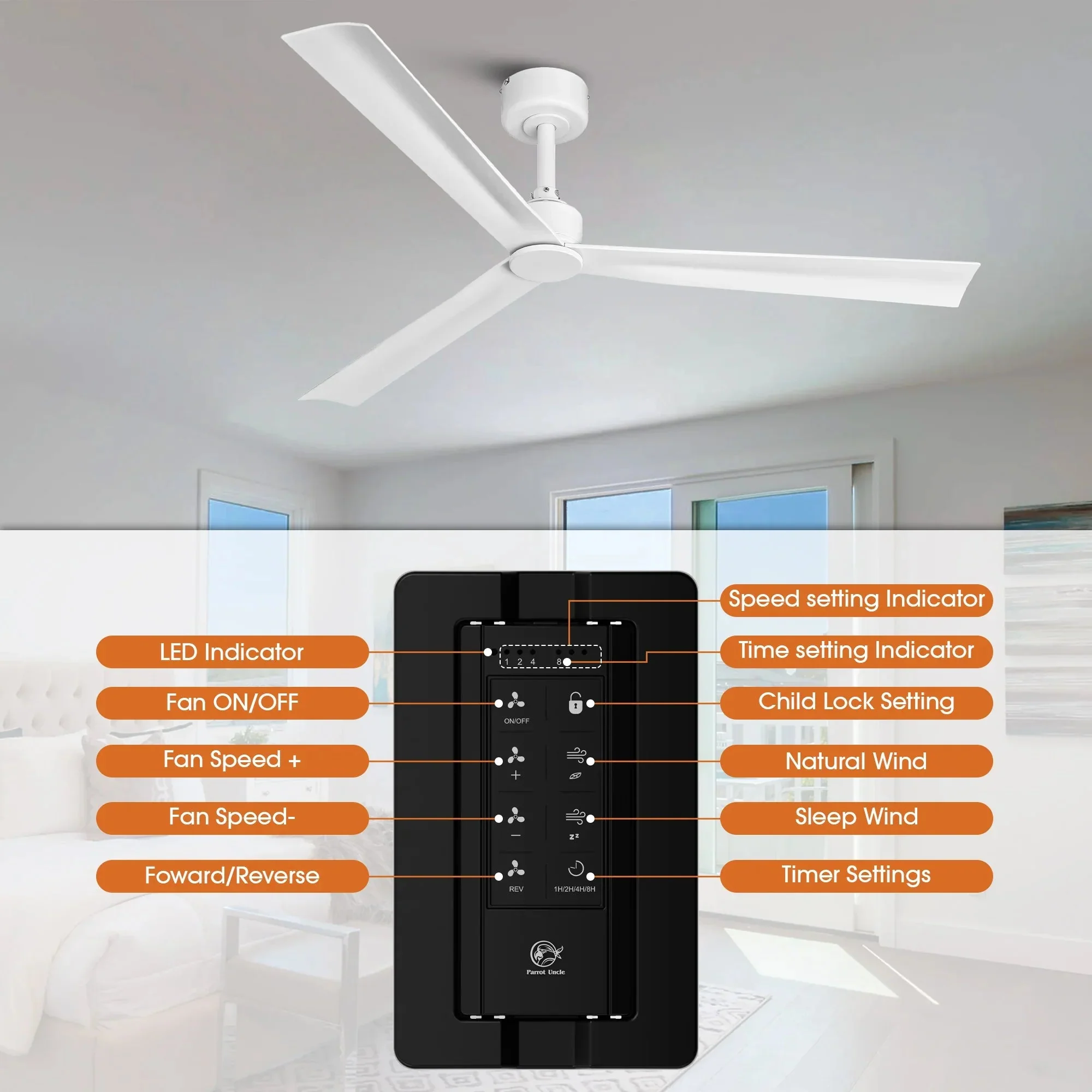 Parrot Uncle 50-Inch Erica Modern Downrod Mount Ceiling Fan with Remote Control (F5005) - Image 6