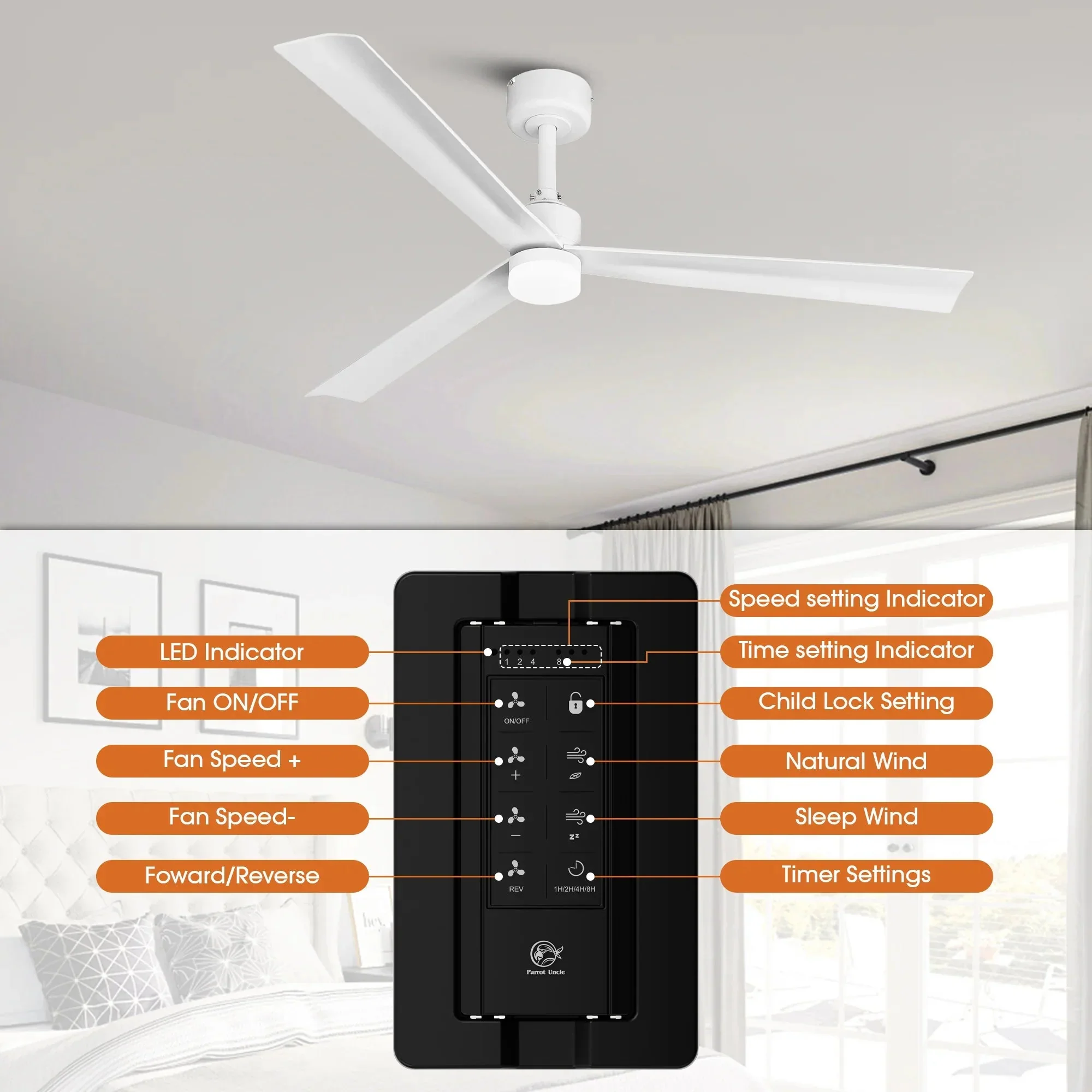 Parrot Uncle 50-Inch Rae Modern Downrod Mount LED Ceiling Fan with Remote Control (F5005-L) - Image 9