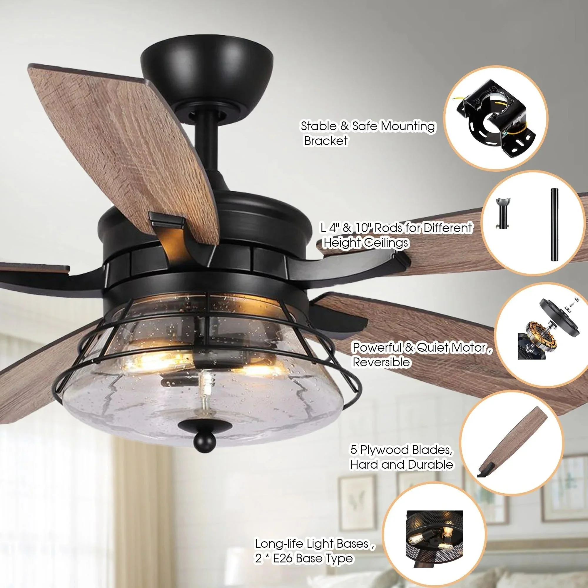 Parrot Uncle 52-Inch Antone Industrial Downrod Mount Reversible Ceiling Fan with Lighting and Remote Control (F6311Q110V) - Image 5
