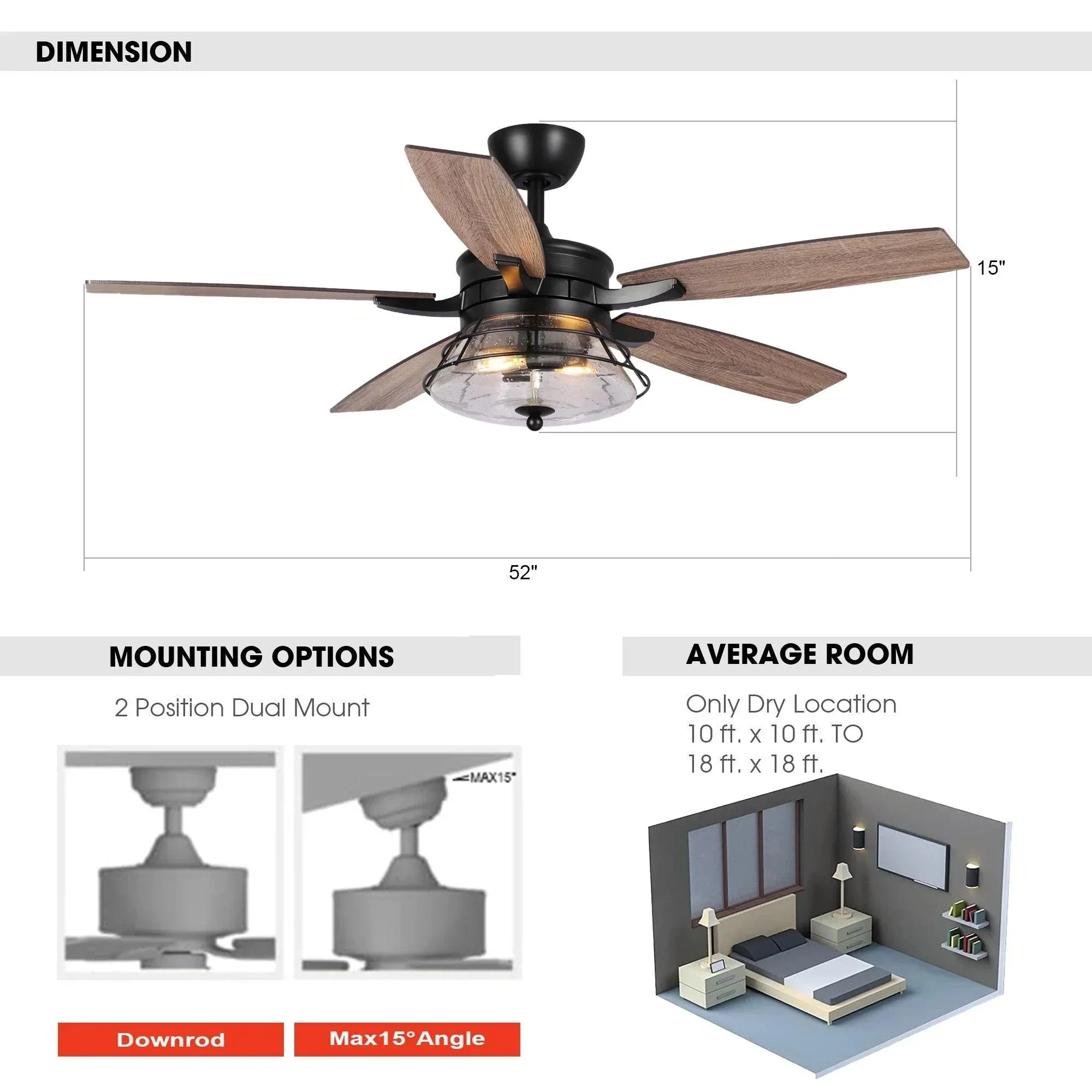 Parrot Uncle 52-Inch Antone Industrial Downrod Mount Reversible Ceiling Fan with Lighting and Remote Control (F6311Q110V) - Image 7