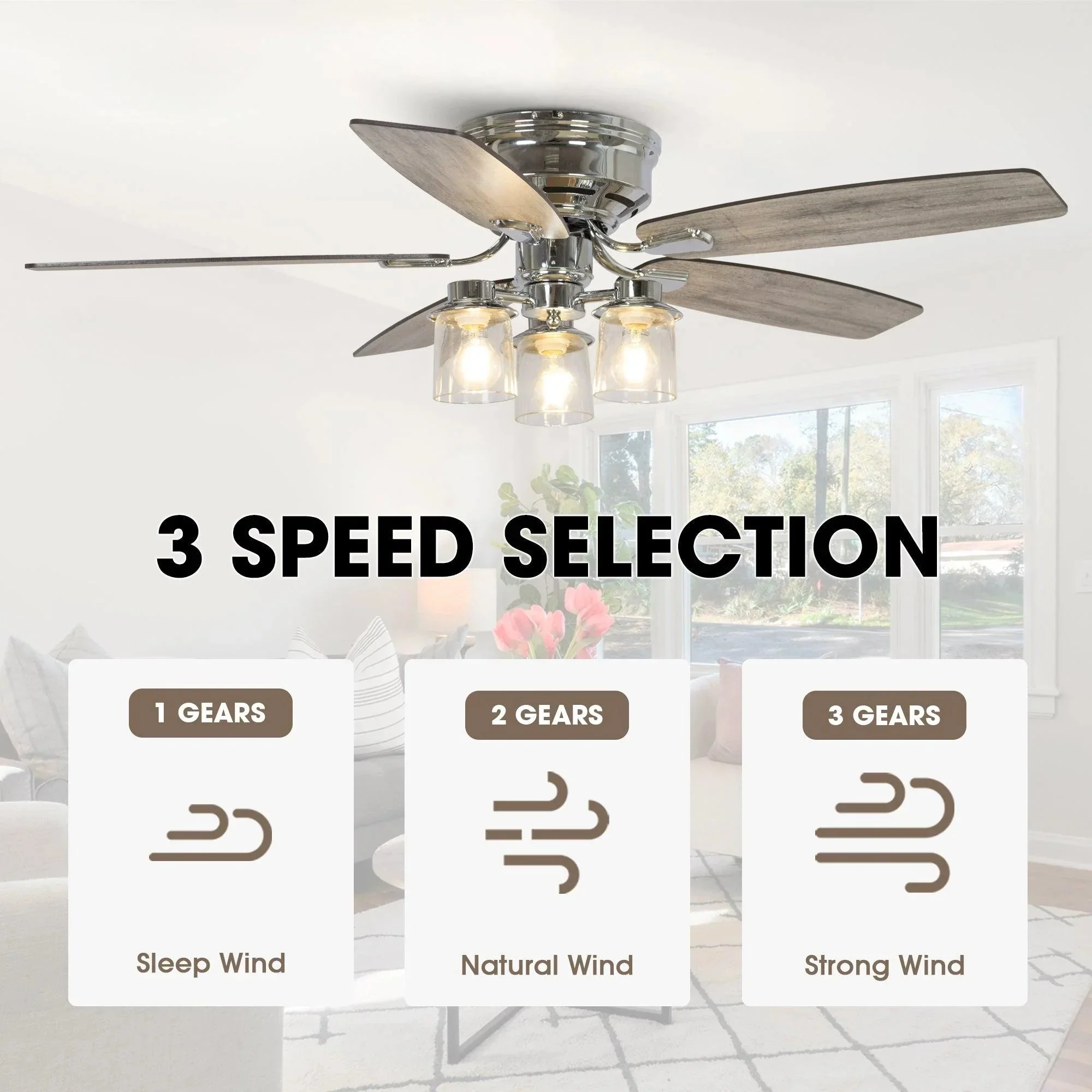 Parrot Uncle 52-Inch Bangatore Traditional Chrome Flush Mount Reversible Ceiling Fan with Lighting and Remote Control (F6291QQ110V) - Image 10