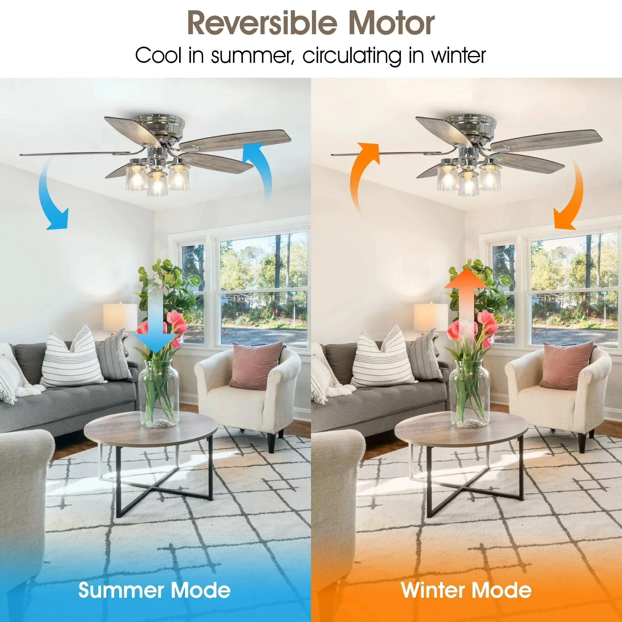 Parrot Uncle 52-Inch Bangatore Traditional Chrome Flush Mount Reversible Ceiling Fan with Lighting and Remote Control (F6291QQ110V) - Image 11