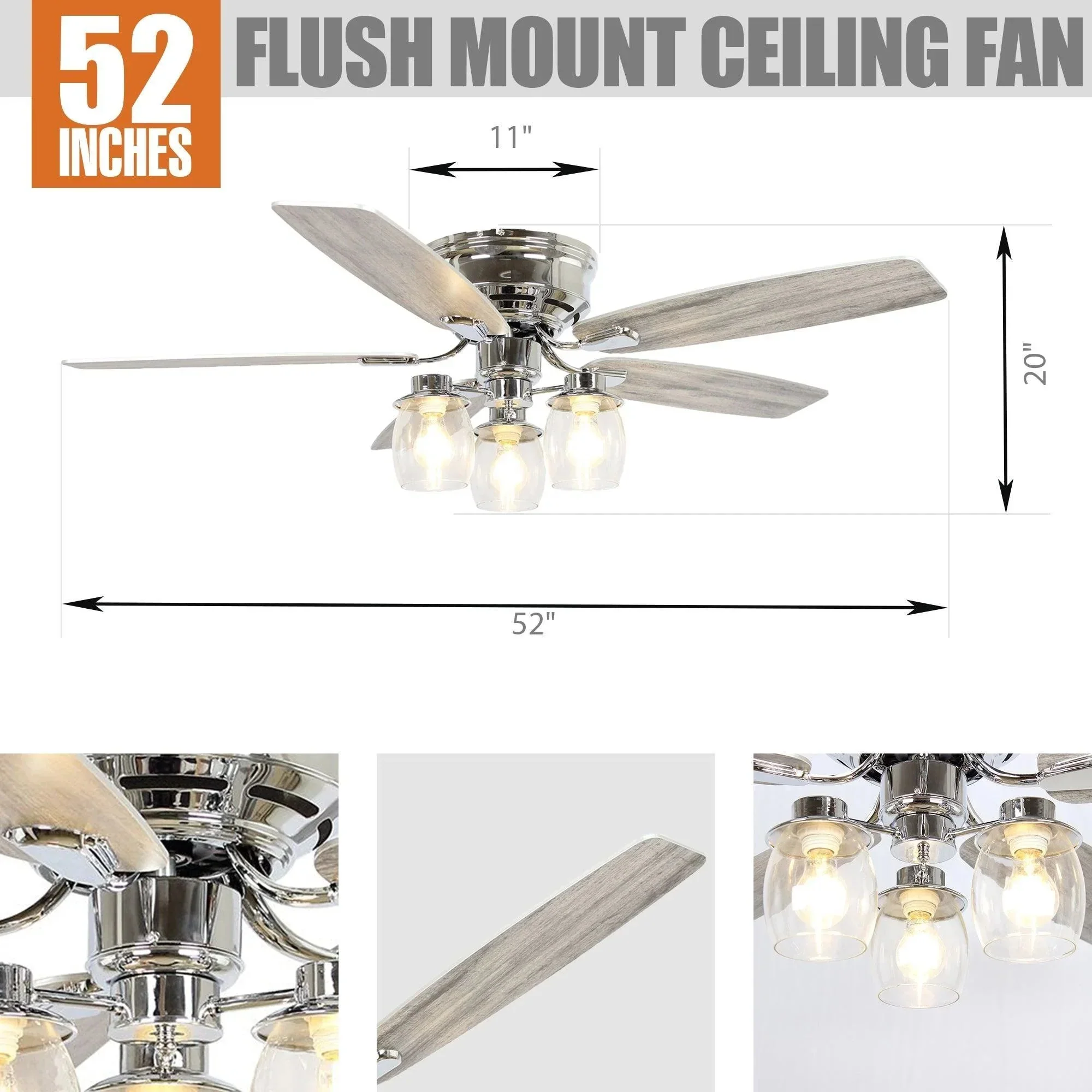 Parrot Uncle 52-Inch Bangatore Traditional Chrome Flush Mount Reversible Ceiling Fan with Lighting and Remote Control (F6291QQ110V) - Image 13
