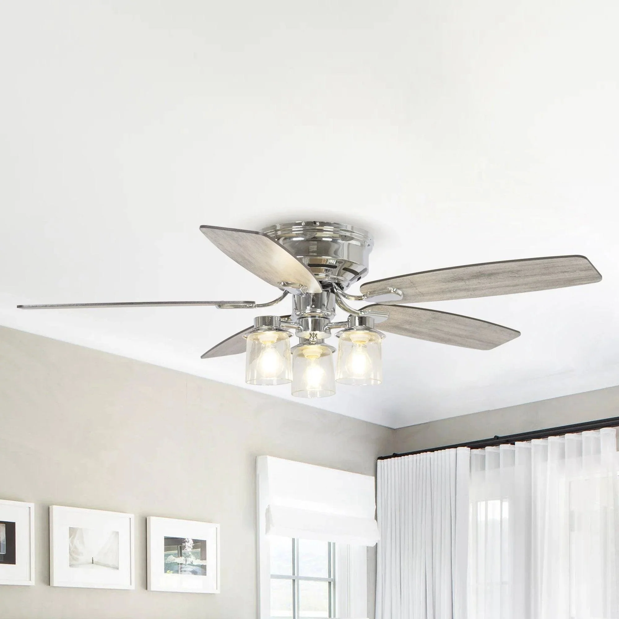 Parrot Uncle 52-Inch Bangatore Traditional Chrome Flush Mount Reversible Ceiling Fan with Lighting and Remote Control (F6291QQ110V) - Image 7