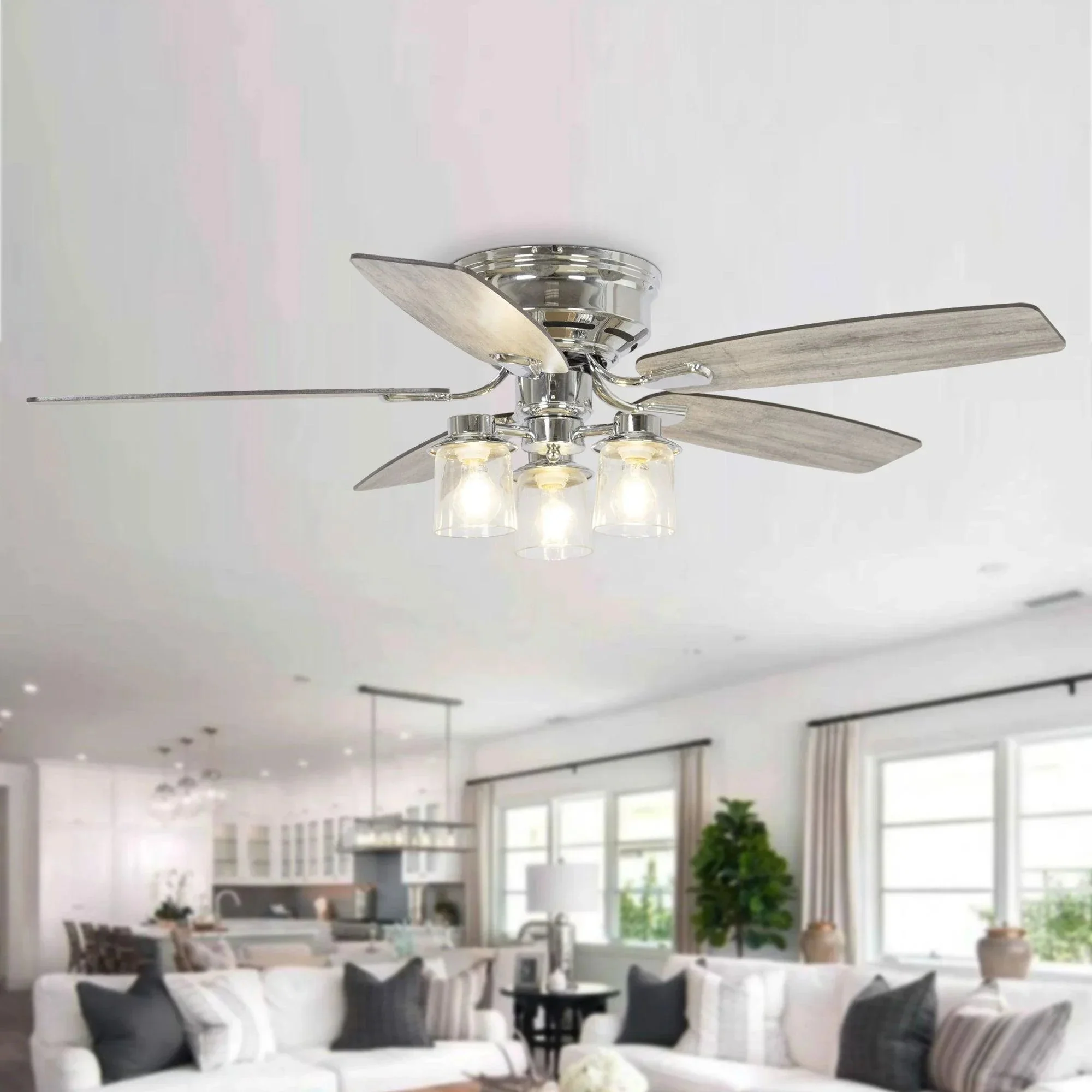 Parrot Uncle 52-Inch Bangatore Traditional Chrome Flush Mount Reversible Ceiling Fan with Lighting and Remote Control (F6291QQ110V) - Image 8