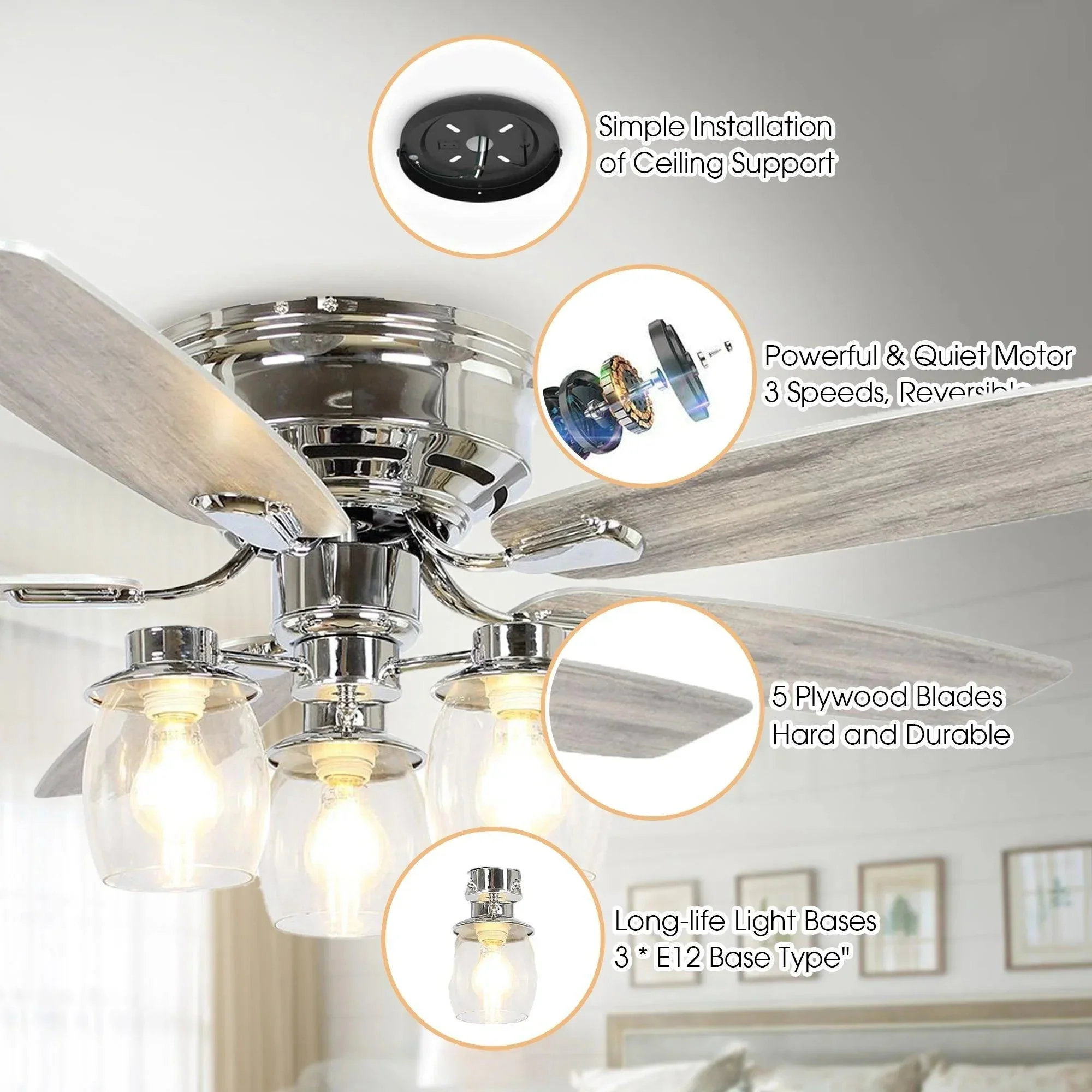 Parrot Uncle 52-Inch Bangatore Traditional Chrome Flush Mount Reversible Ceiling Fan with Lighting and Remote Control (F6291QQ110V) - Image 9