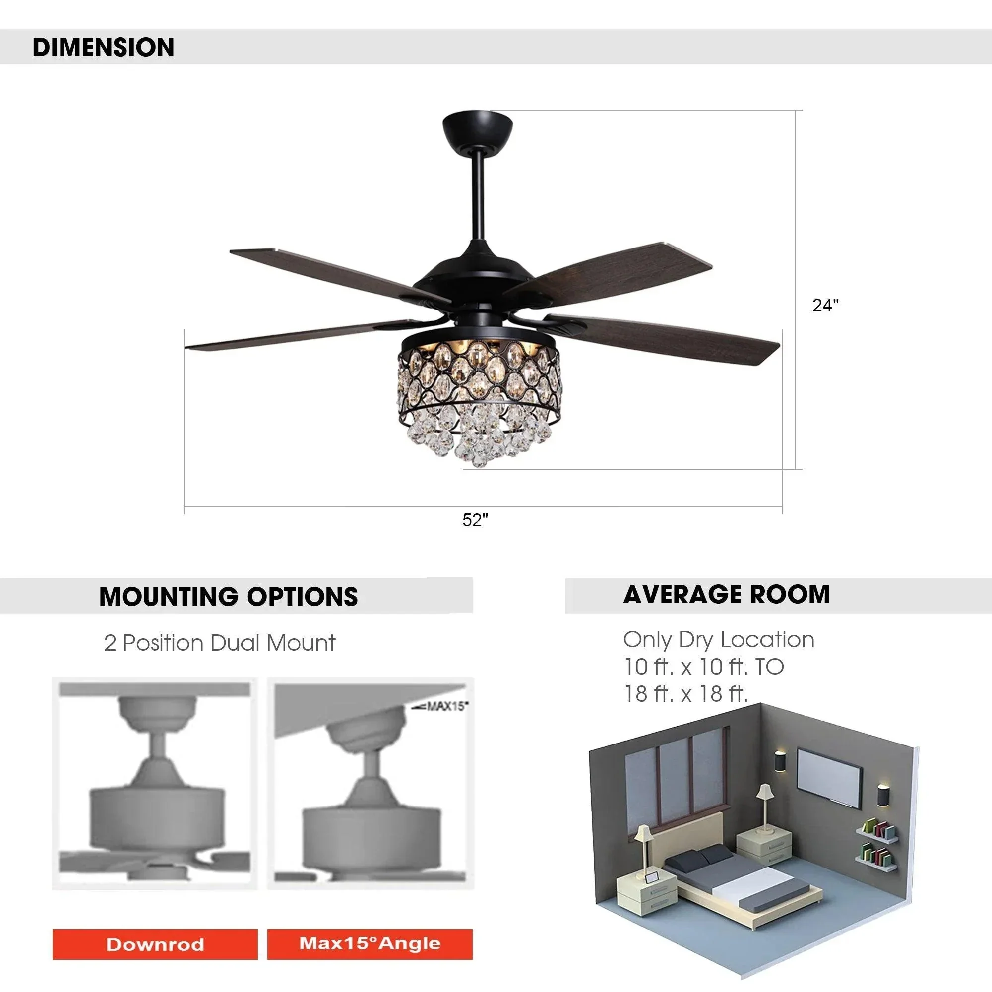 Parrot Uncle 52-Inch Berkshire Modern Downrod Mount Reversible Crystal Ceiling Fan with Lighting and Remote Control - Image 10