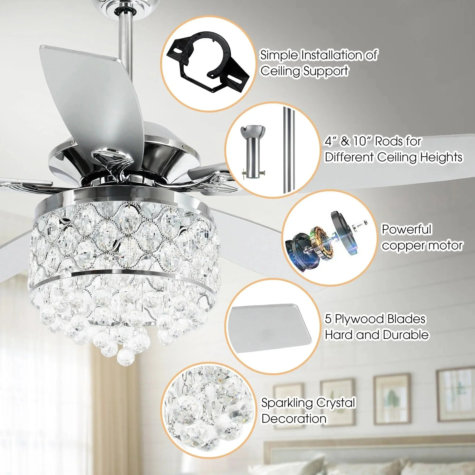 Parrot Uncle 52-Inch Berkshire Modern Downrod Mount Reversible Crystal Ceiling Fan with Lighting and Remote Control - Image 20