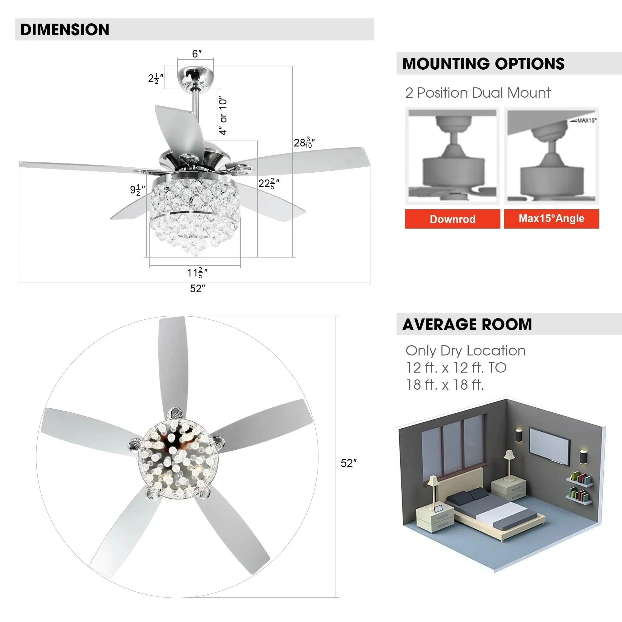 Parrot Uncle 52-Inch Berkshire Modern Downrod Mount Reversible Crystal Ceiling Fan with Lighting and Remote Control - Image 21