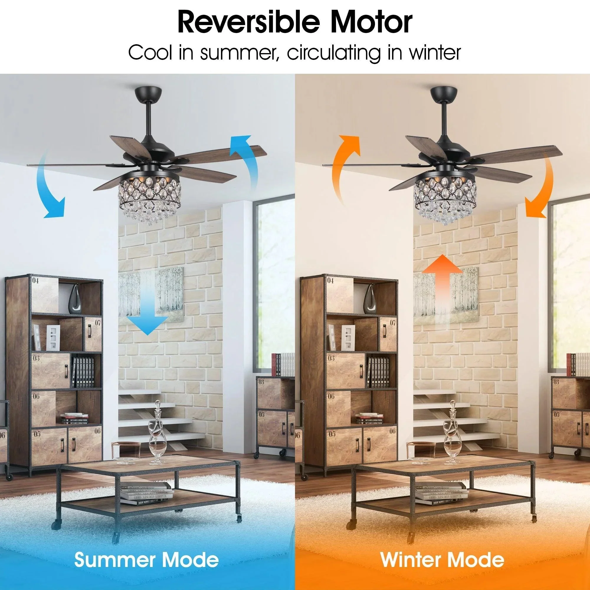 Parrot Uncle 52-Inch Berkshire Modern Downrod Mount Reversible Crystal Ceiling Fan with Lighting and Remote Control - Image 7