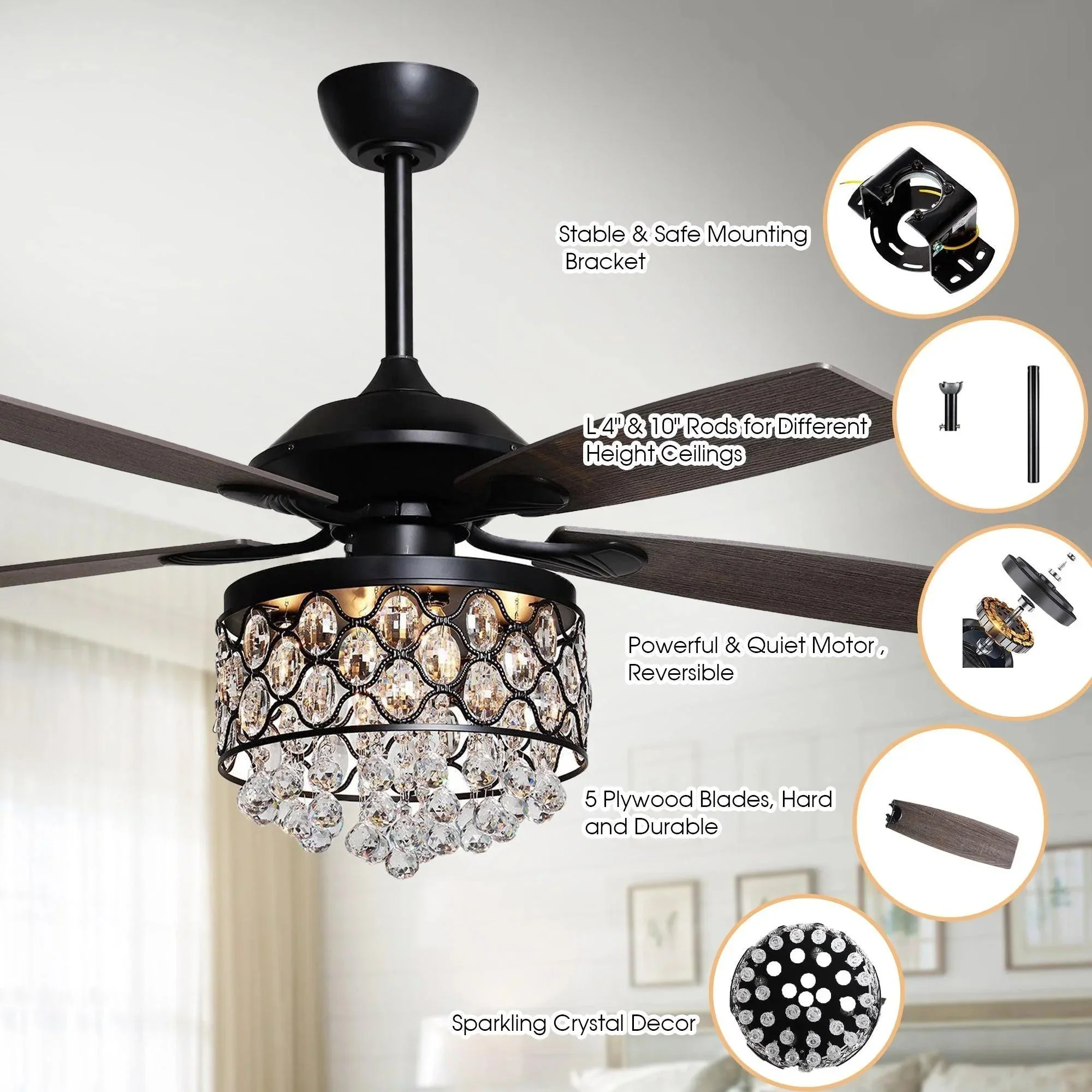 Parrot Uncle 52-Inch Berkshire Modern Downrod Mount Reversible Crystal Ceiling Fan with Lighting and Remote Control - Image 8