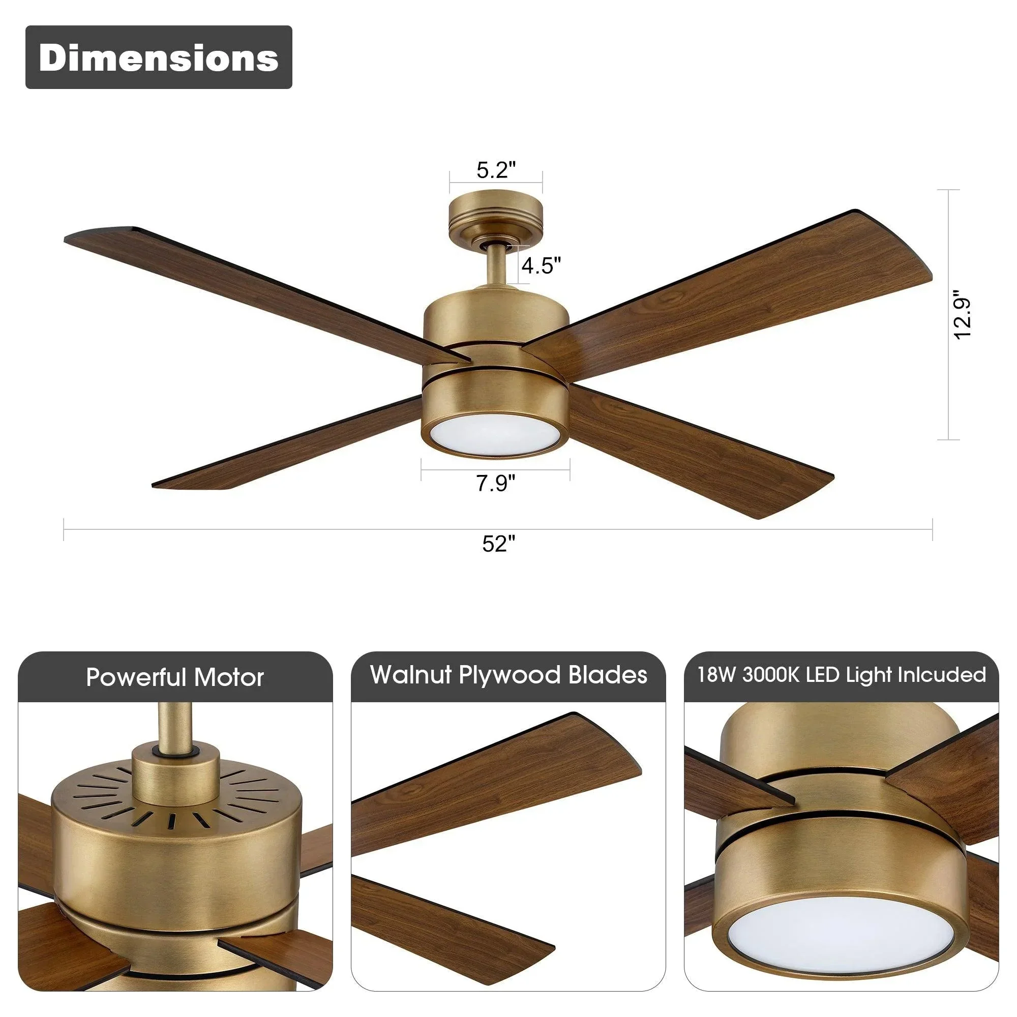 Parrot Uncle 52-Inch Bucholz Industrial Ceiling Fan with Dimmable LED Light - Image 9