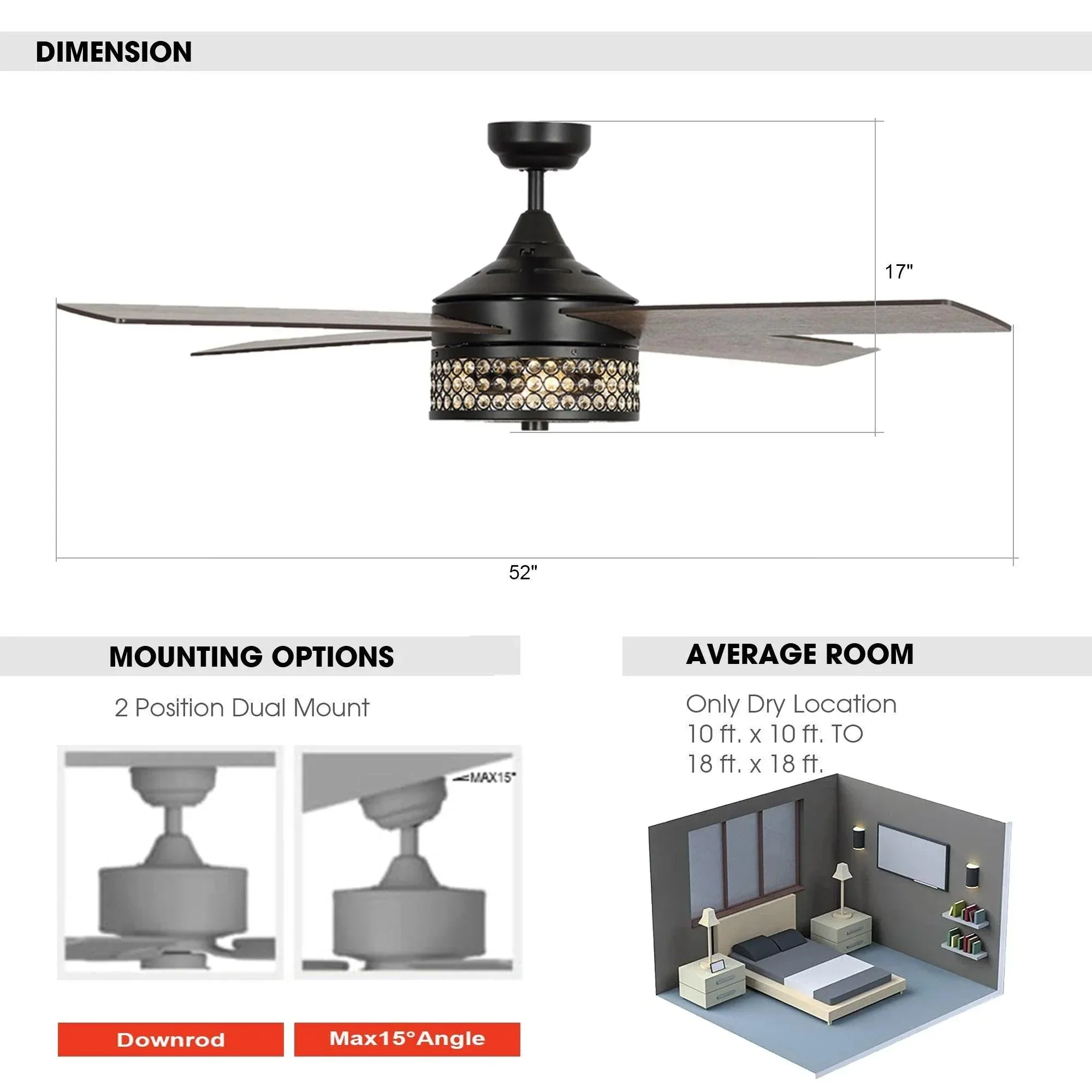 Parrot Uncle 52-Inch Cason Modern Downrod Mount Reversible Ceiling Fan with Lighting and Remote Control - Image 19