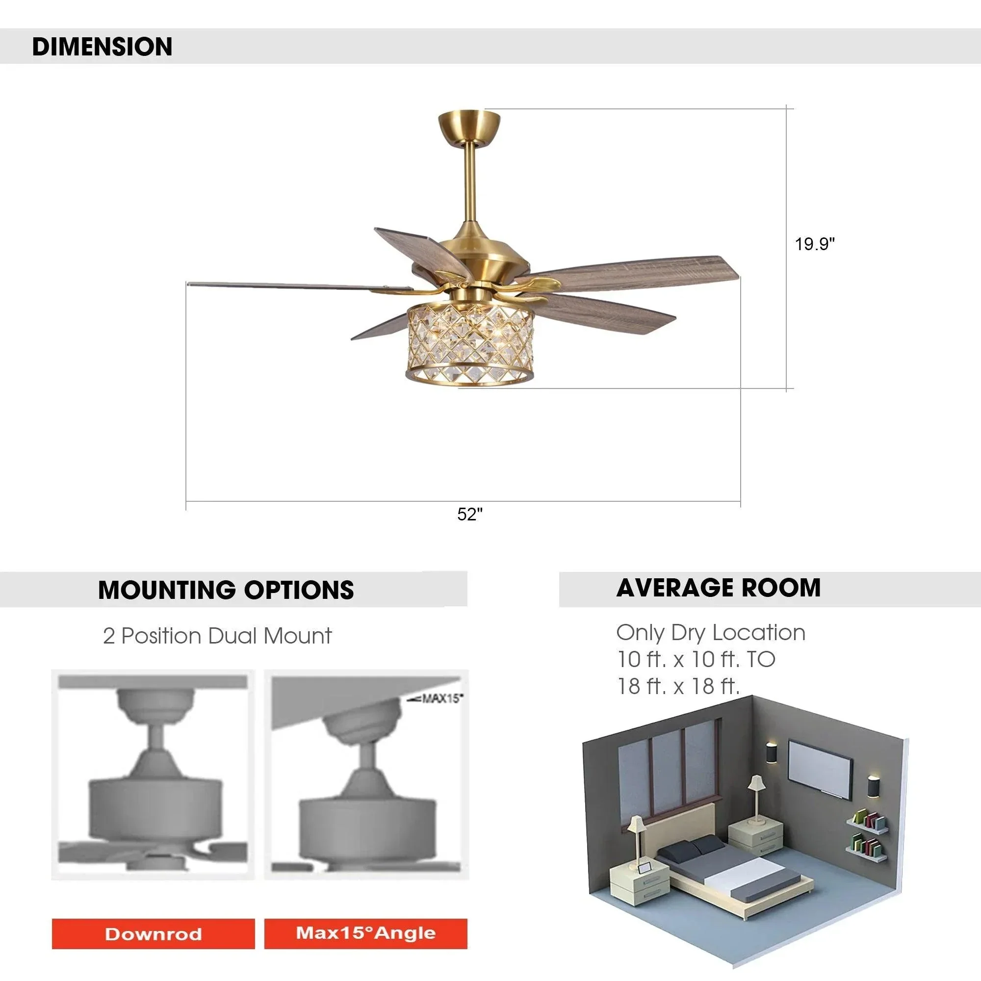 Parrot Uncle 52-Inch Cochin Modern Downrod Mount Reversible Crystal Ceiling Fan with Lighting and Remote Control (F6338MSQ110V) - Image 10