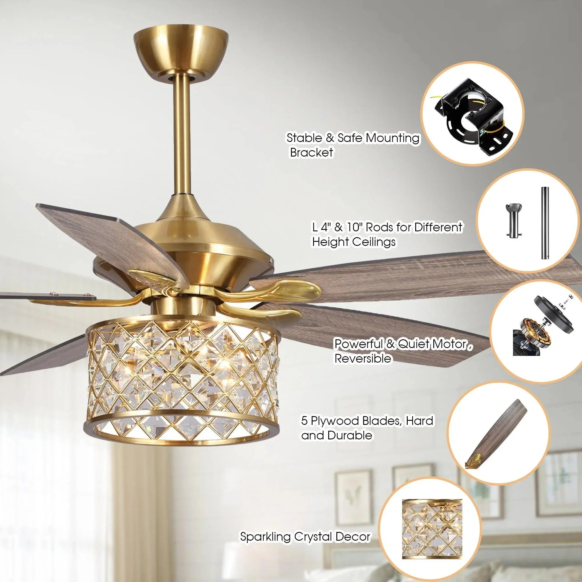 Parrot Uncle 52-Inch Cochin Modern Downrod Mount Reversible Crystal Ceiling Fan with Lighting and Remote Control (F6338MSQ110V) - Image 7