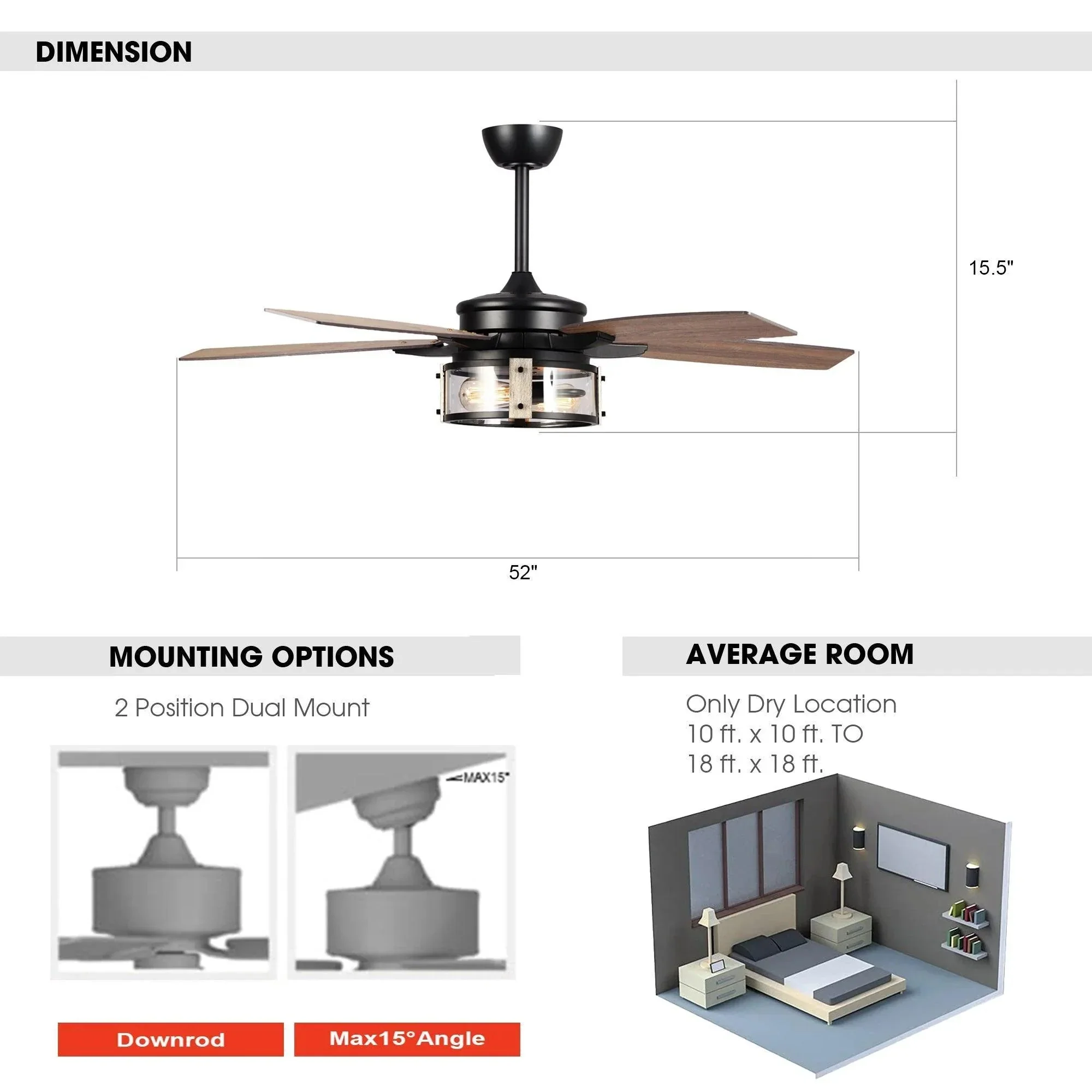 Parrot Uncle 52-Inch Coimbatore Farmhouse Downrod Mount Reversible Ceiling Fan with Lighting and Remote Control (F6331110V) - Image 10