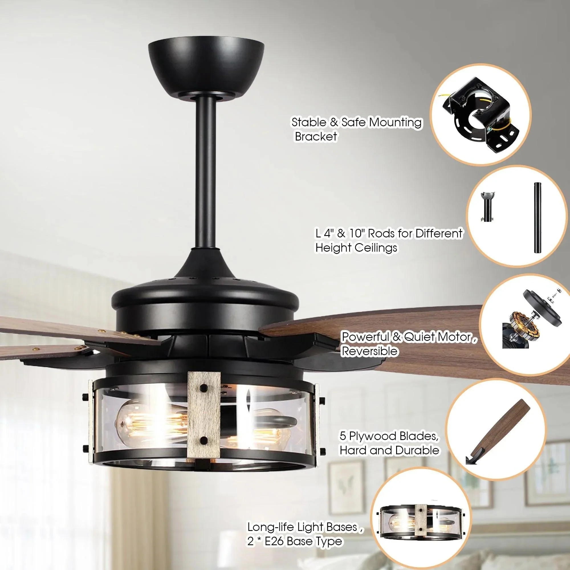 Parrot Uncle 52-Inch Coimbatore Farmhouse Downrod Mount Reversible Ceiling Fan with Lighting and Remote Control (F6331110V) - Image 7