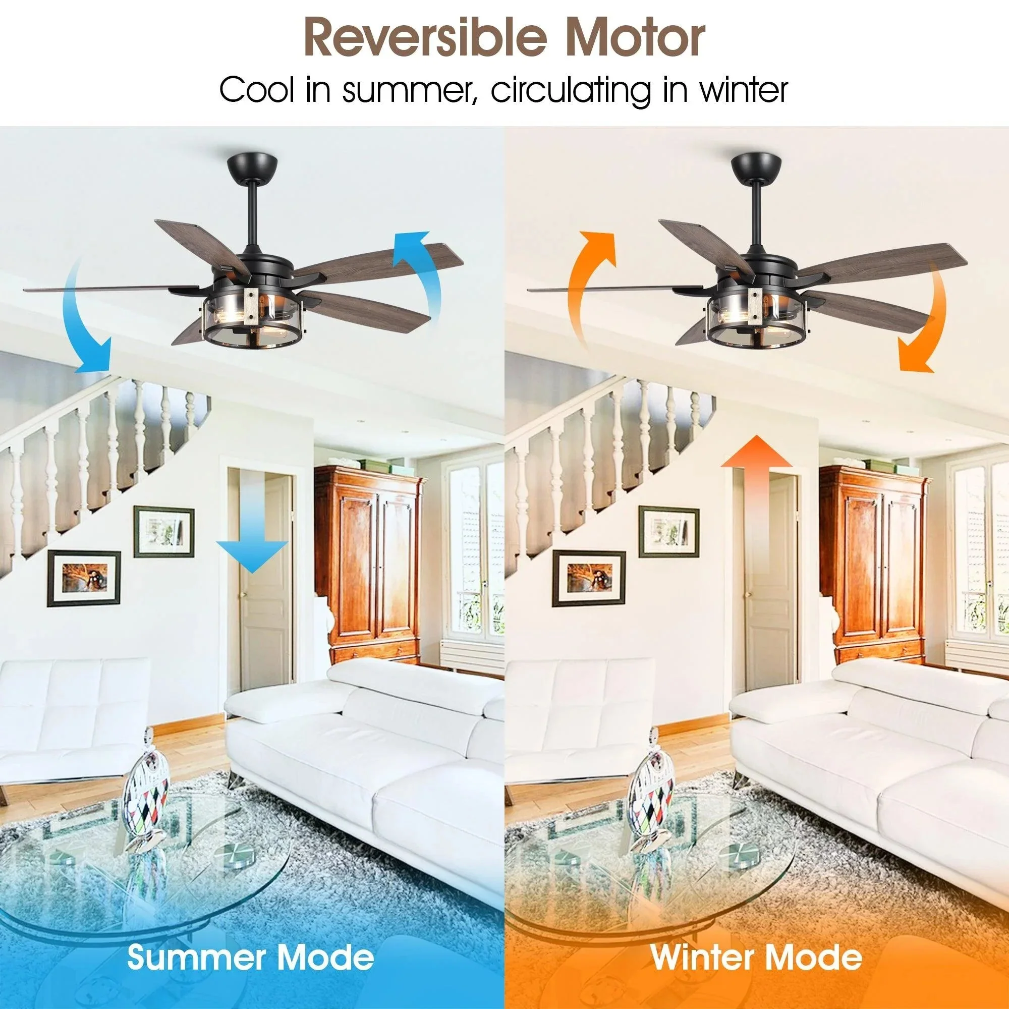 Parrot Uncle 52-Inch Coimbatore Farmhouse Downrod Mount Reversible Ceiling Fan with Lighting and Remote Control (F6331110V) - Image 8