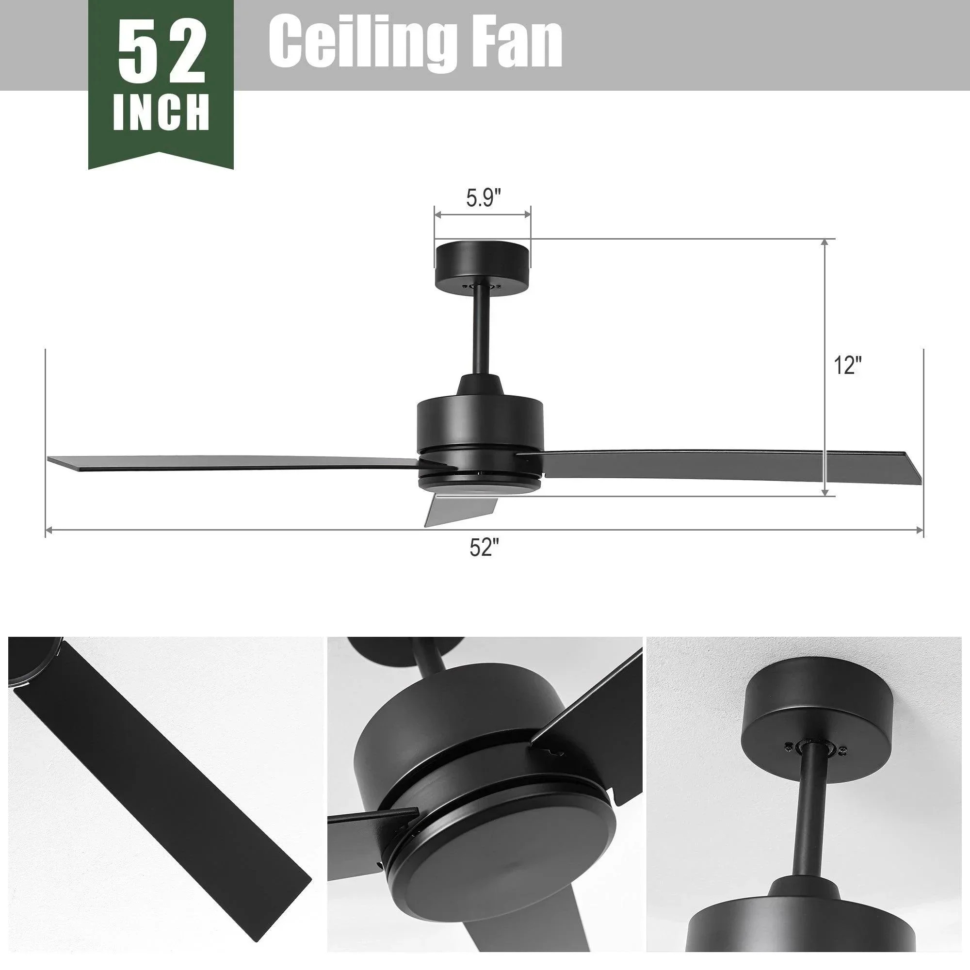 Parrot Uncle 52-Inch DC Motor 3 Blades Modern Downrod Mount Ceiling Fan - Image 4