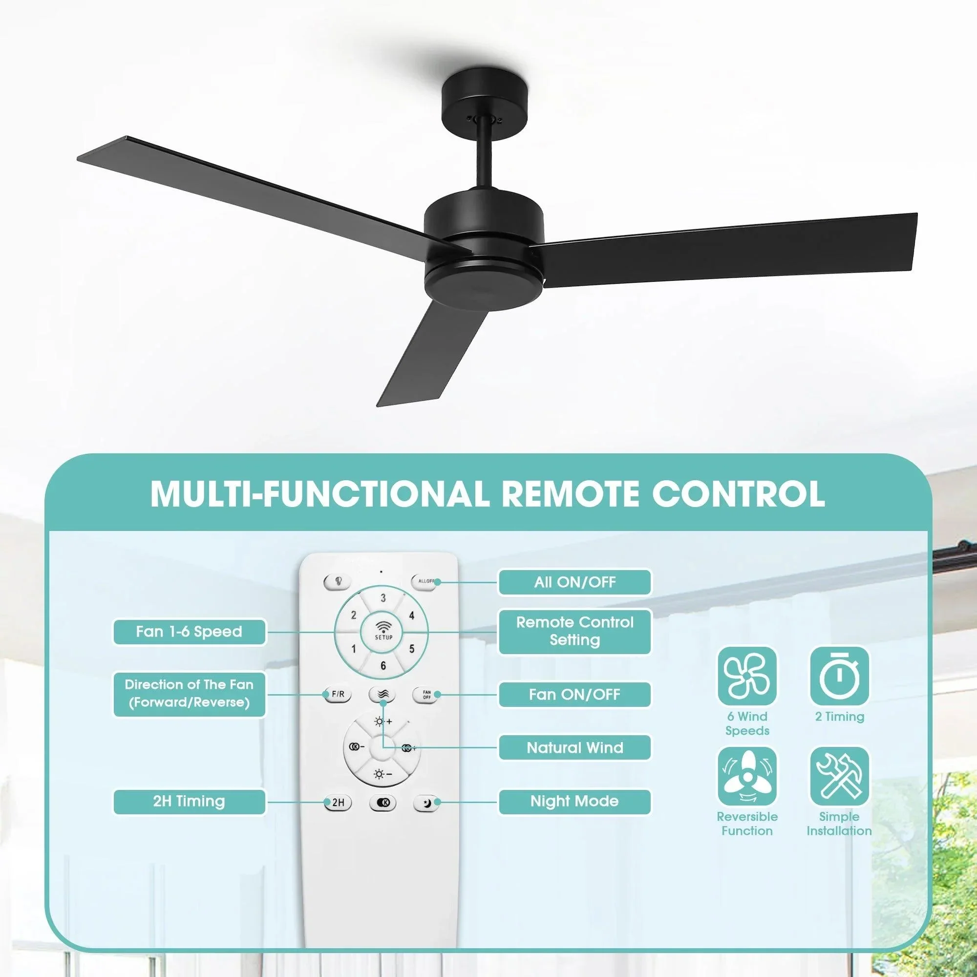 Parrot Uncle 52-Inch DC Motor 3 Blades Modern Downrod Mount Ceiling Fan - Image 8