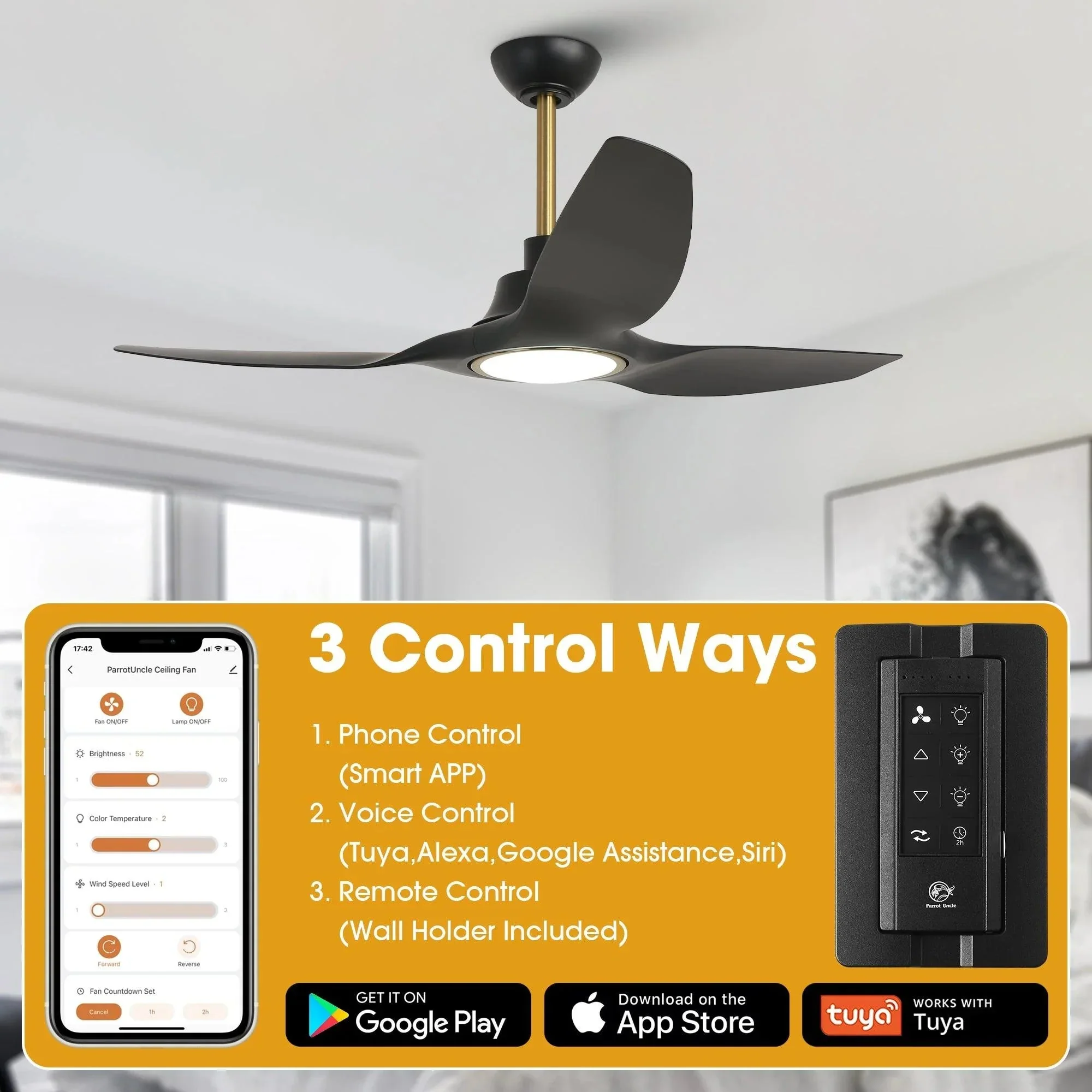 Parrot Uncle 52-Inch DC Motor 3 Blades Modern Downrod Mount Smart Fan with LED Light - Image 6