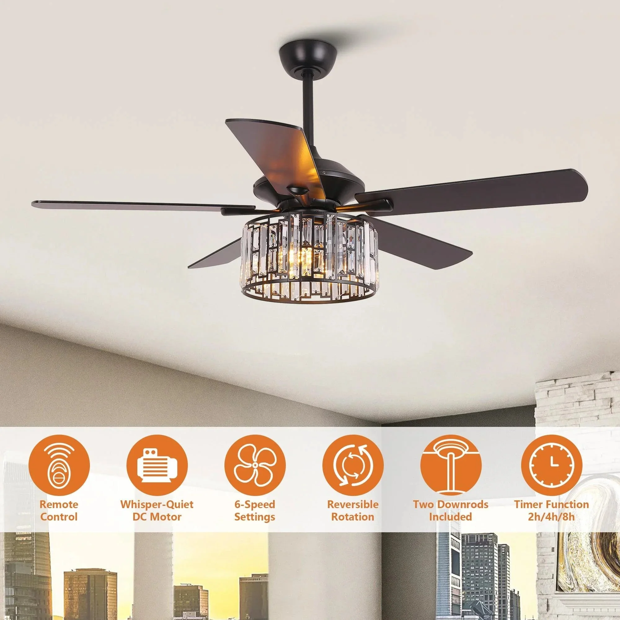 Parrot Uncle 52-Inch Dicken Modern Downrod Mount Reversible Crystal Ceiling Fan with Lighting and Remote Control - Image 11