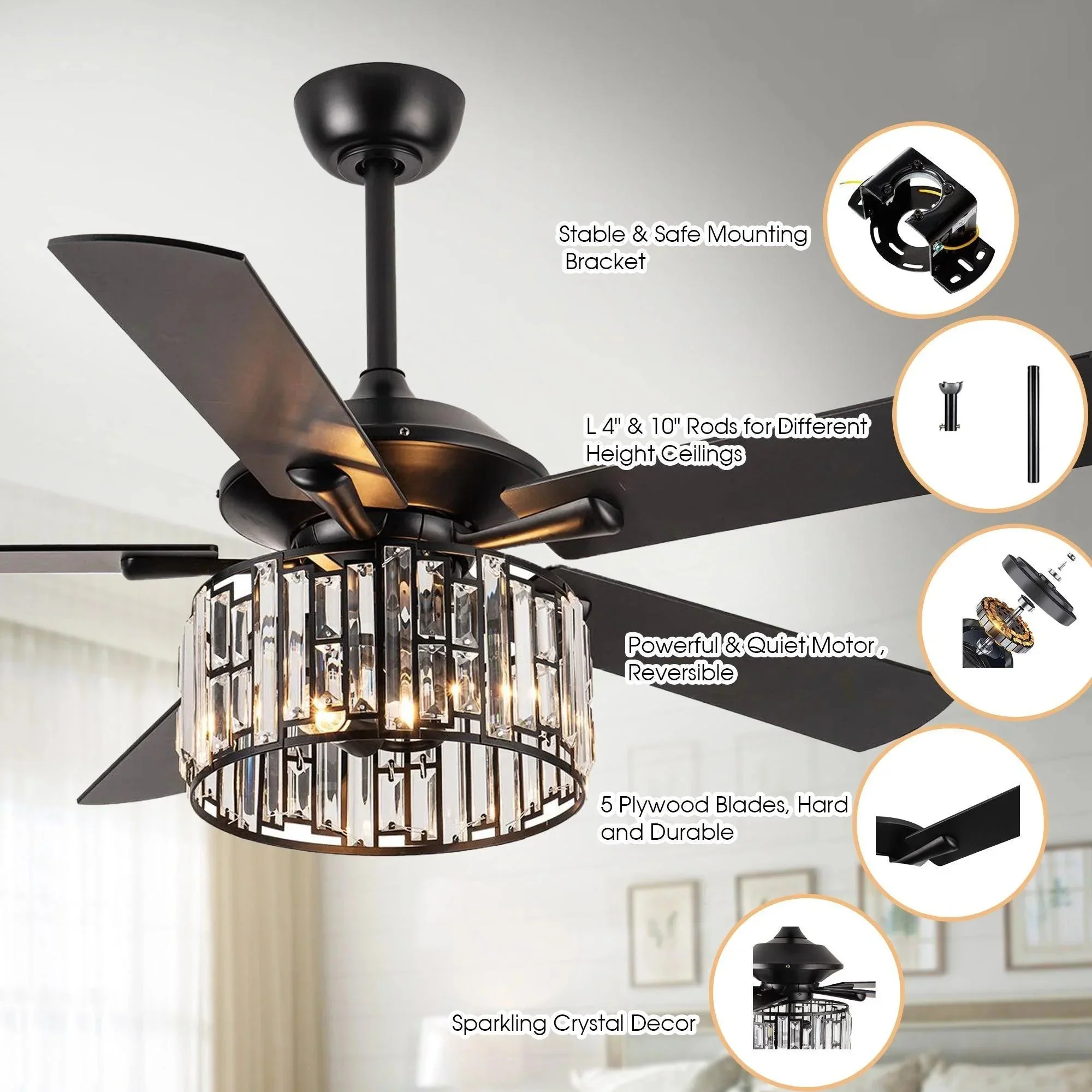 Parrot Uncle 52-Inch Dicken Modern Downrod Mount Reversible Crystal Ceiling Fan with Lighting and Remote Control - Image 12