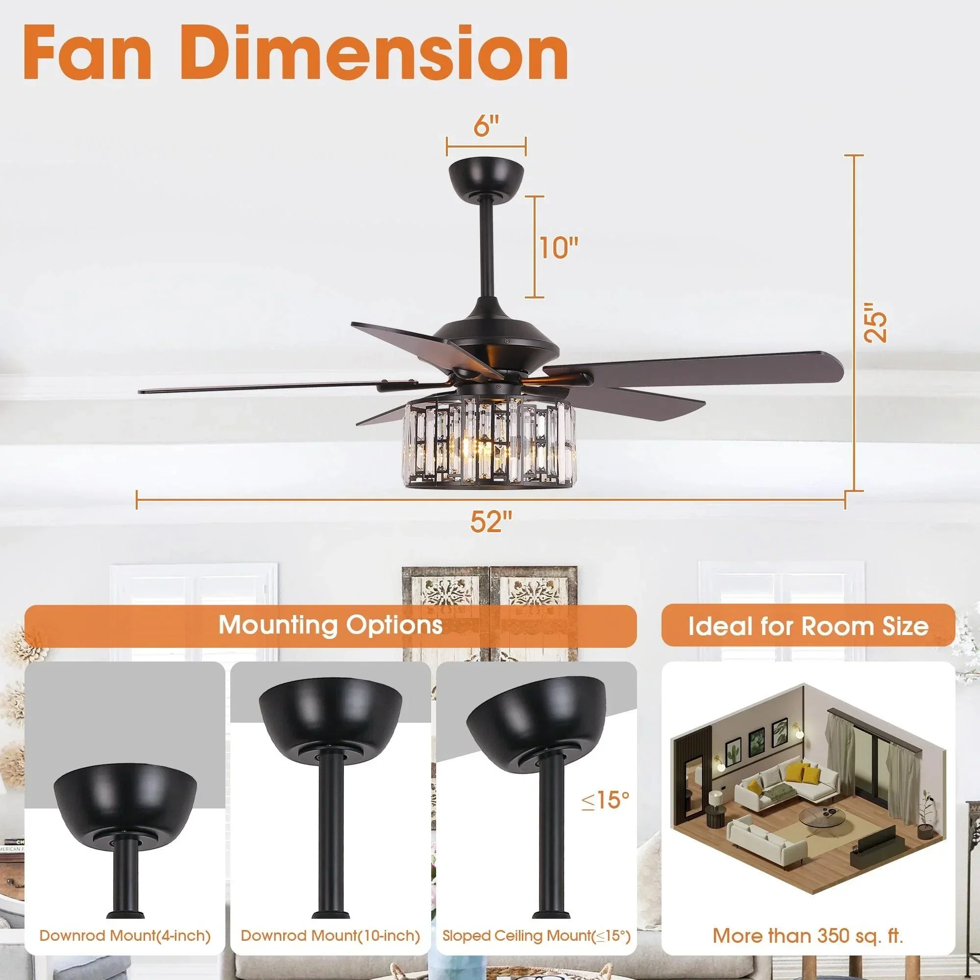 Parrot Uncle 52-Inch Dicken Modern Downrod Mount Reversible Crystal Ceiling Fan with Lighting and Remote Control - Image 15