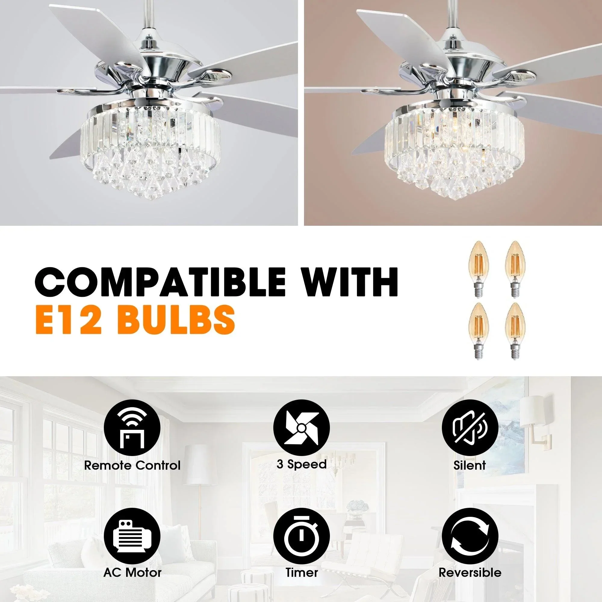 Parrot Uncle 52-Inch Elkton Modern Reversible Crystal Fandelier with Lighting and Remote Control (F6252QQ110V) - Image 5